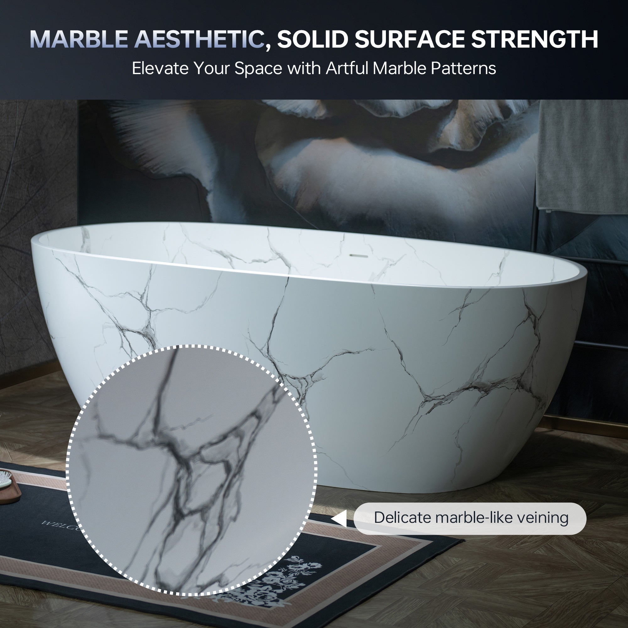 WOODBRIDGE 63" Marble-Pattern Stone Resin Freestanding Soaking Tub, Modern Oval Solid Surface Bathtub with Integrated Slotted Overflow & Drain, Matte Finish, CST0744