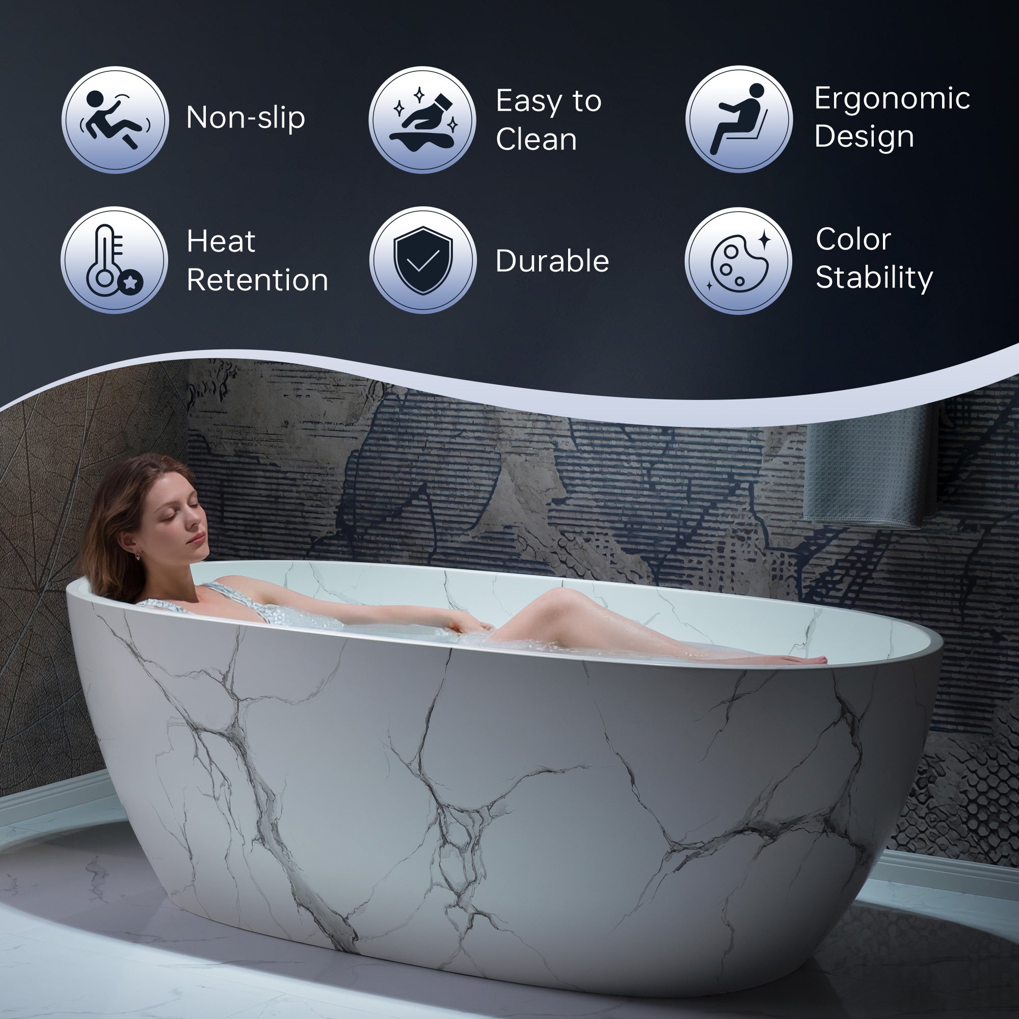 WOODBRIDGE 63" Marble-Pattern Stone Resin Freestanding Soaking Tub, Modern Oval Solid Surface Bathtub with Integrated Slotted Overflow & Drain, Matte Finish, CST0744
