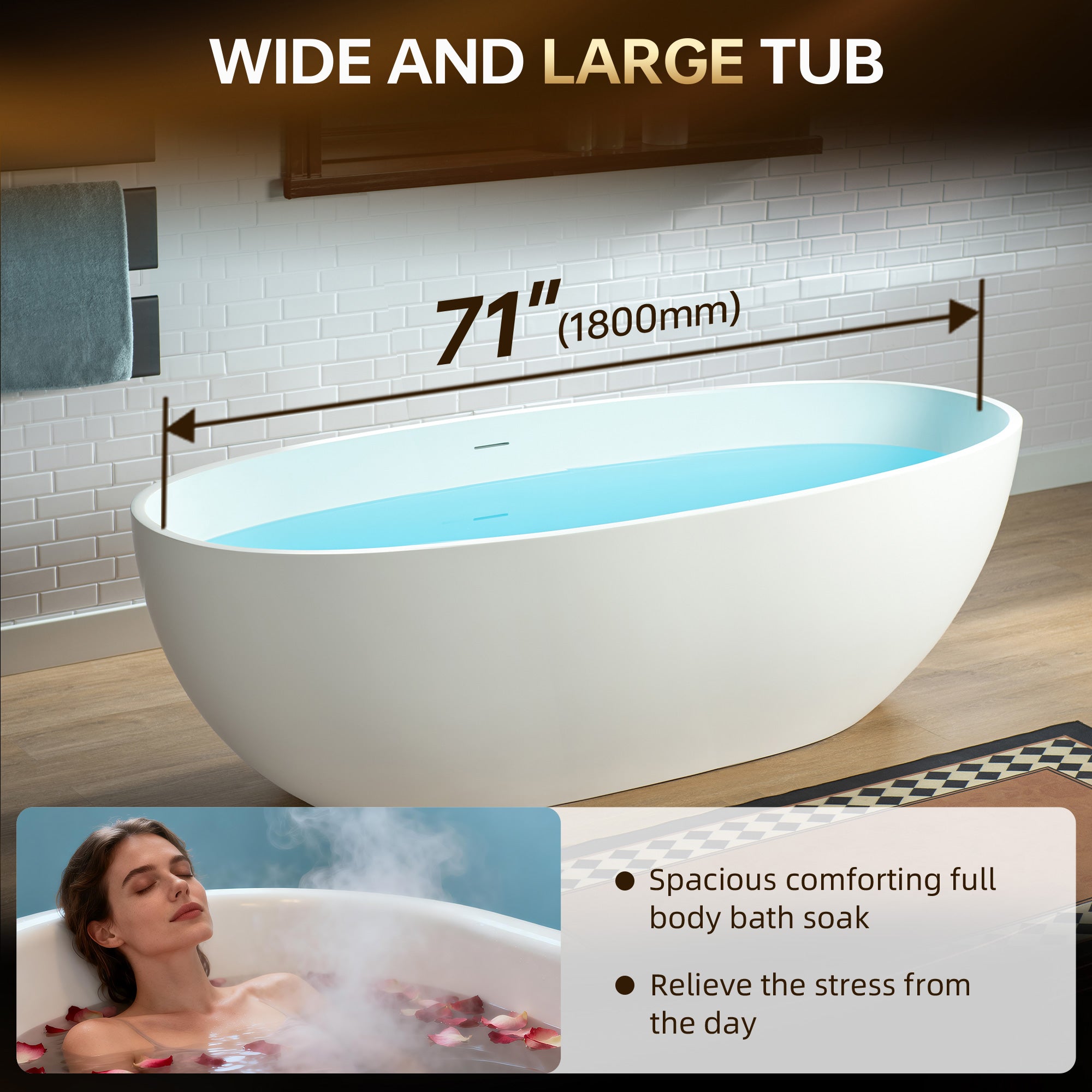 WOODBRIDGE 71"L x 31-1/2" W Luxury Contemporary Solid Surface Stone Resin Freestanding Bathtub in Matte White, MST0805