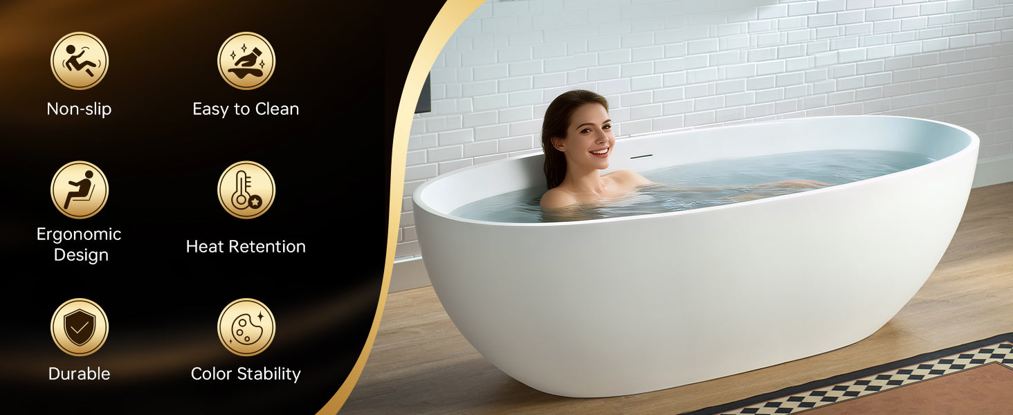 WOODBRIDGE 71"L x 31-1/2" W Luxury Contemporary Solid Surface Stone Resin Freestanding Bathtub in Matte White, MST0805
