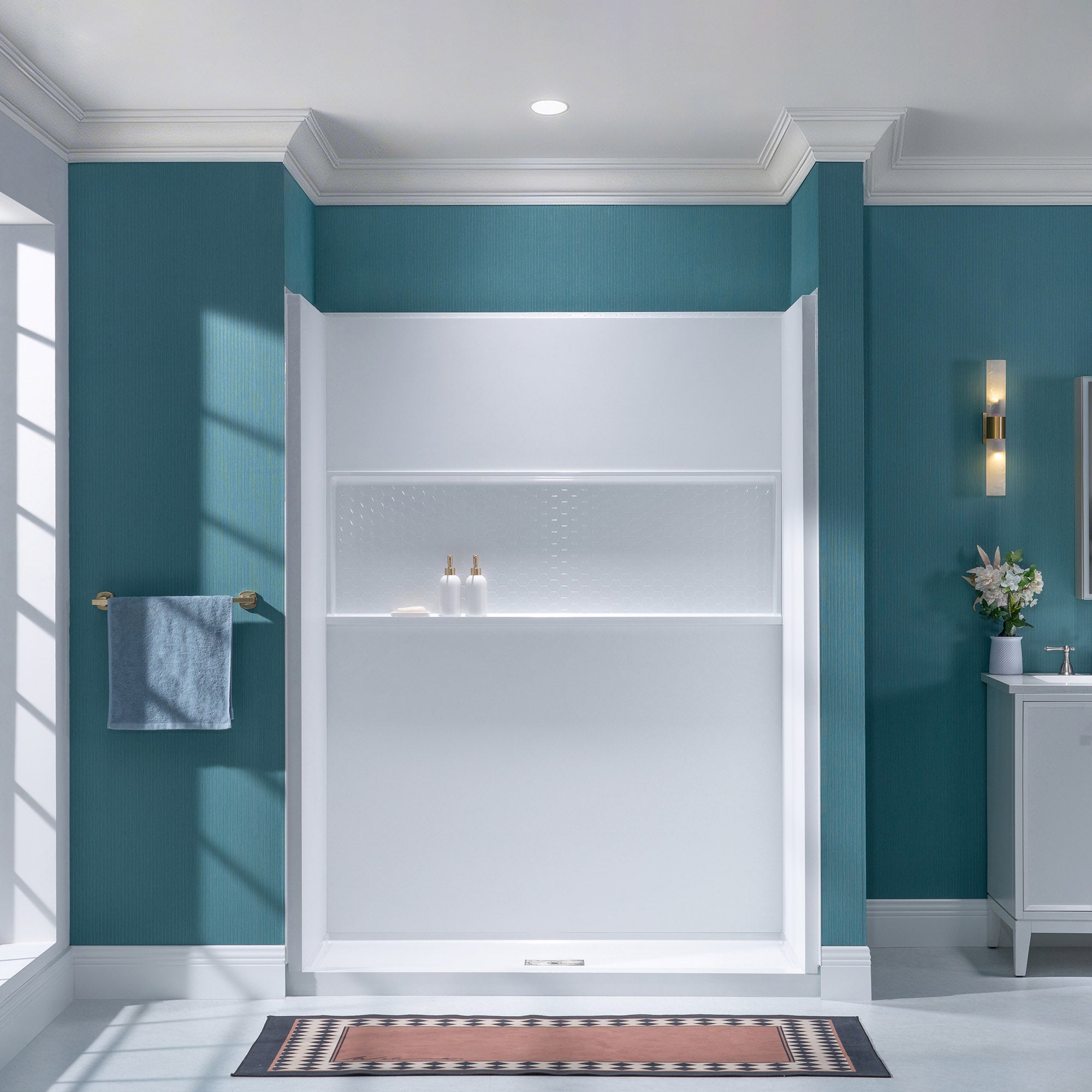 WOODBRIDGE 60"W  x  32"D  x  77"H 4-Piece Solid Surface Shower Wall Panels, Matte White, Easy to Install, BSNP-6032-MW77