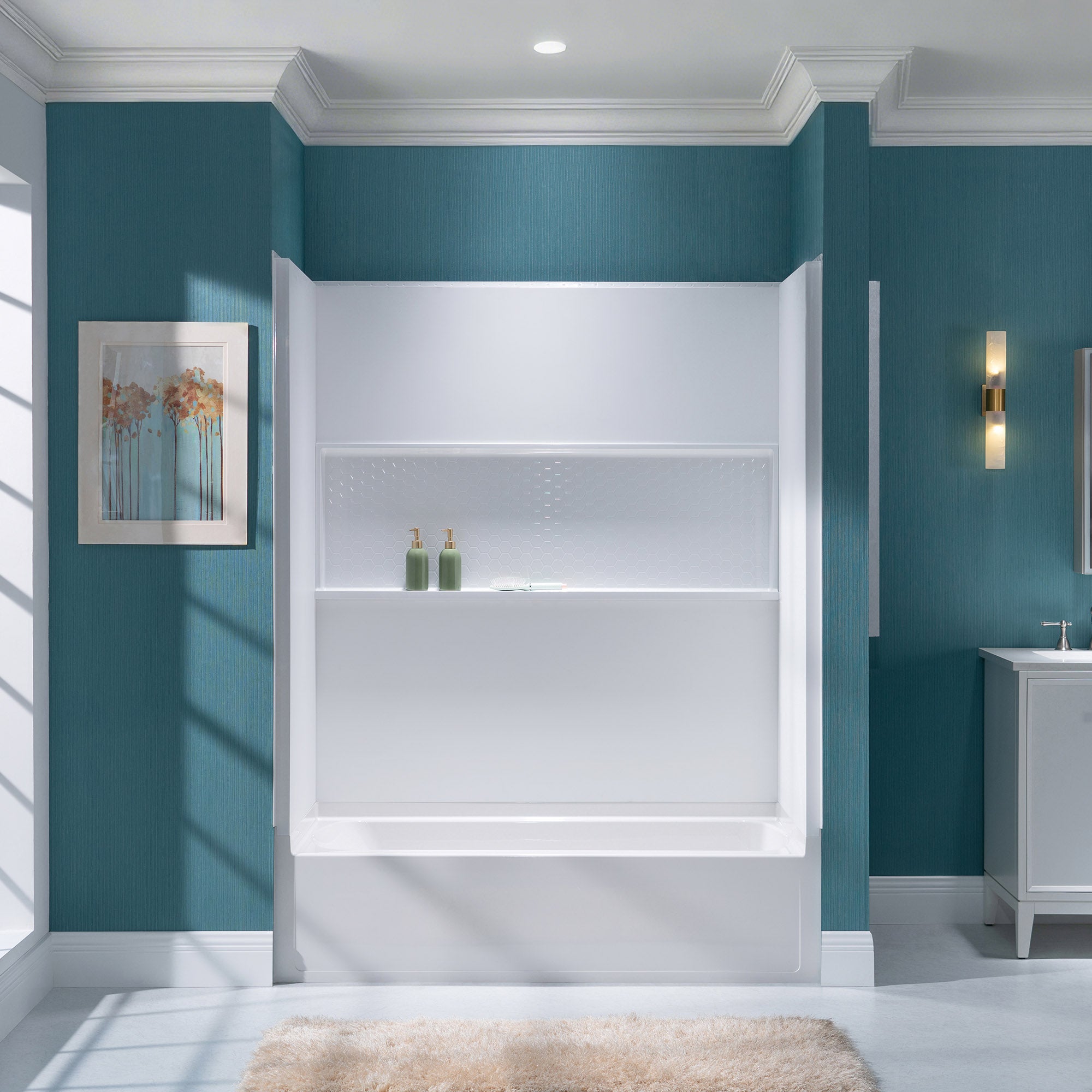 WOODBRIDGE 60"W  x  32"D  x  64"H 4-Piece Solid Surface Shower Wall Panels, Matte White, Easy to Install, BWP-6032-MW64