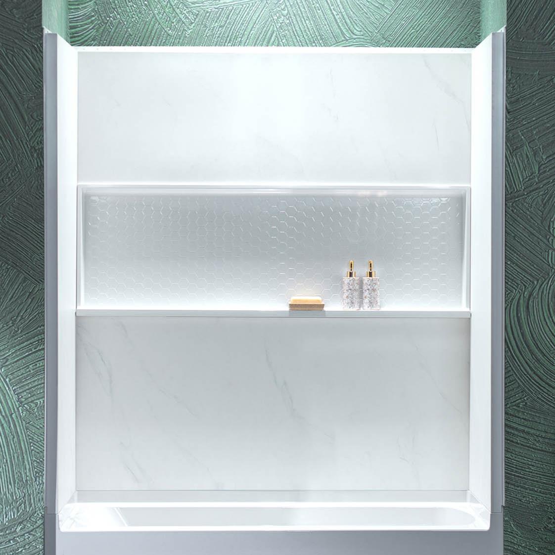 WOODBRIDGE 60"W × 32"D × 64"H 4-Piece Solid Surface Shower Wall Panels, Marble Pattern, Easy to Install, AWP-6032-CW64