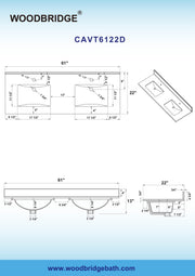 WOODBRIDGE 61" x 22" Vanity Top with Double Under Mount Rectangle Bowls, Carrara White Marble, Pre-drilled with Single hole Faucet set up Option, CAVT6122D--1