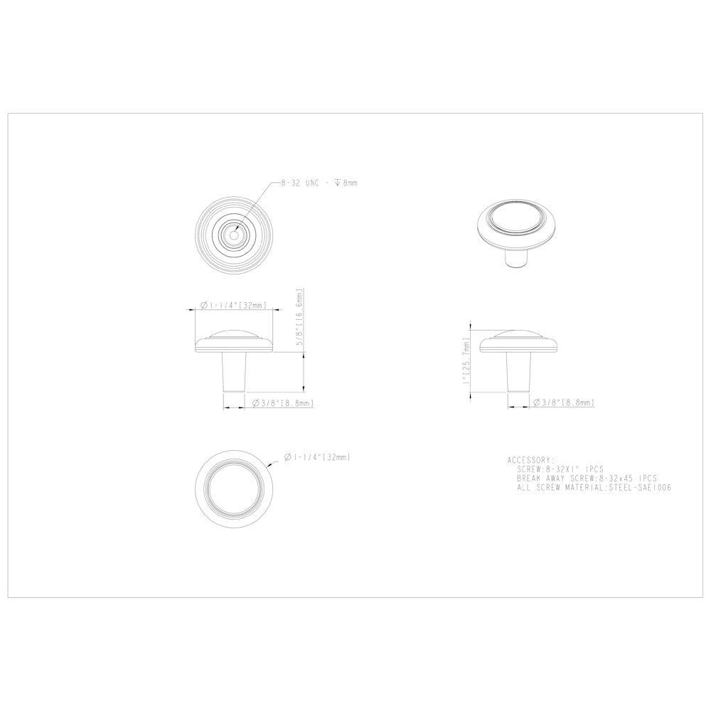 Hardware Resources 1-1/4" Diameter Satin Nickel Button Vienna Cabinet Mushroom Knob