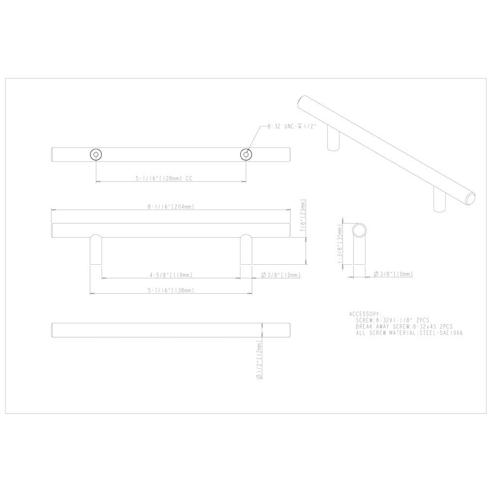 Hardware Resources 96 mm Center-to-Center Hollow Matte Black Stainless Steel Naples Cabinet Bar Pull