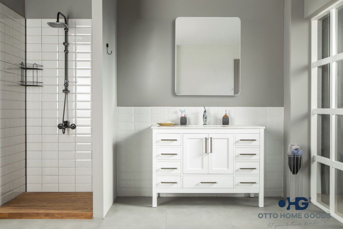 Ashley 48" White Bathroom Vanity with Quartz Top & Brushed Nickel Hardware