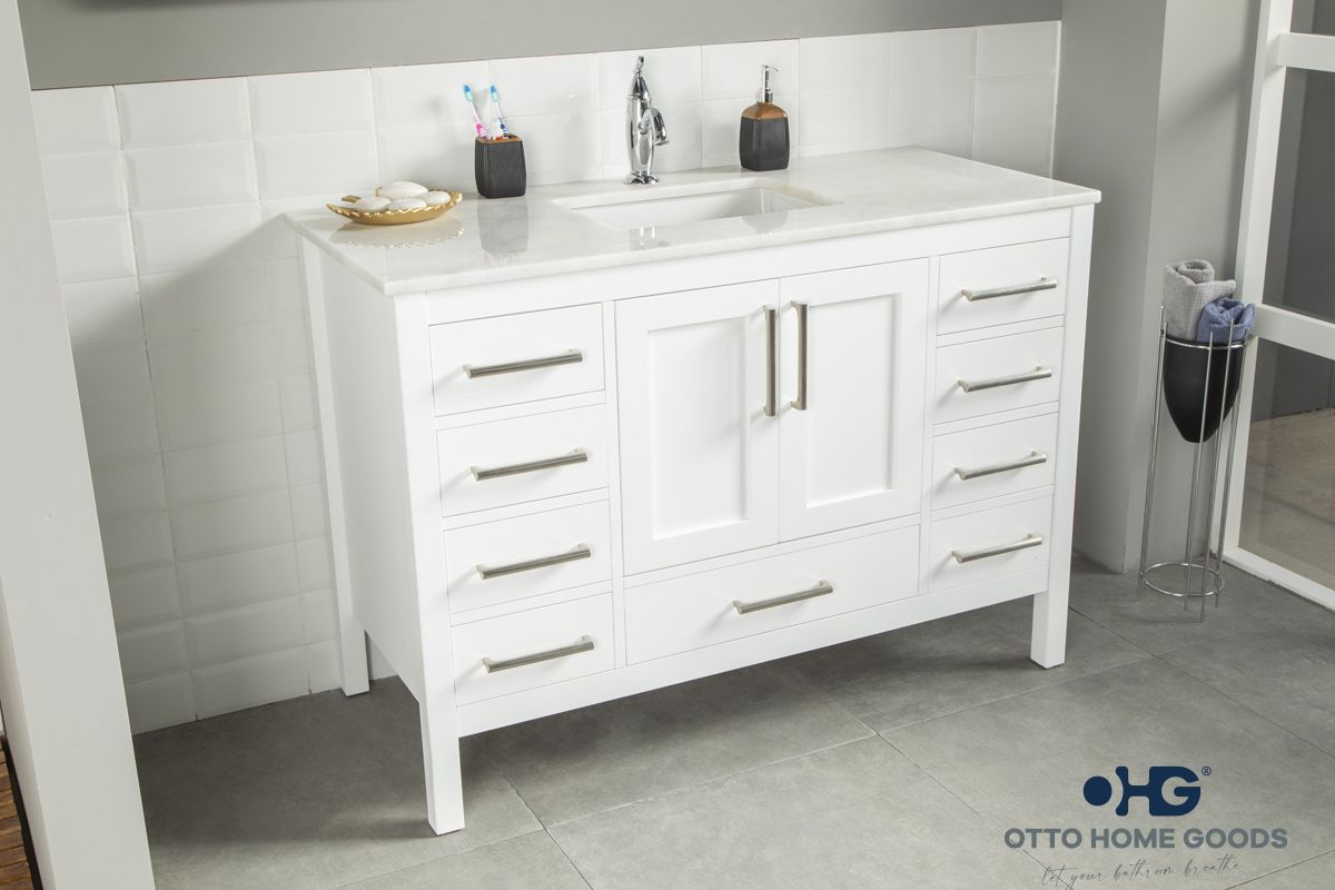 Ashley 48" White Bathroom Vanity with Quartz Top & Brushed Nickel Hardware