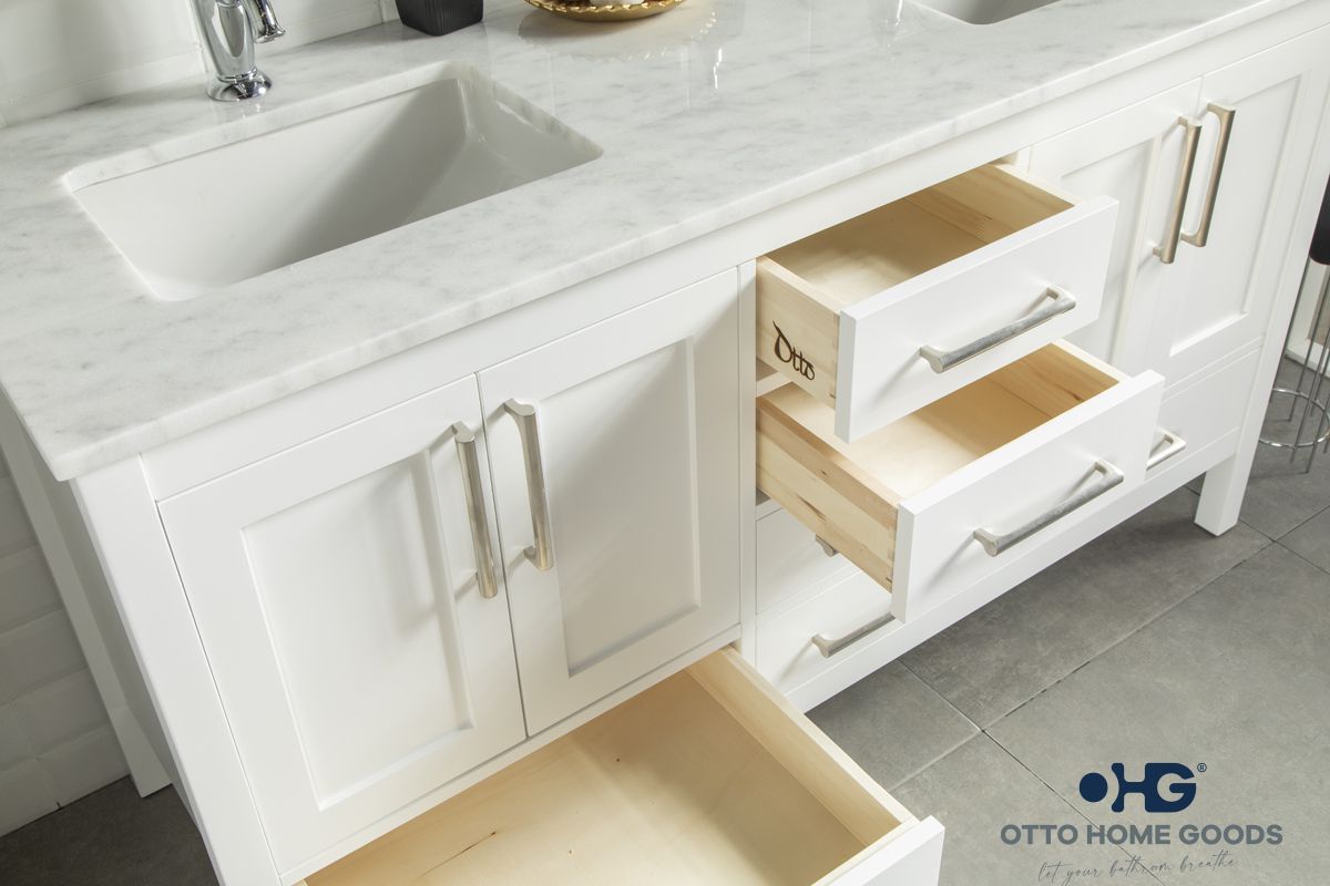 Ashley 60" White Double Sink Bathroom Vanity with Quartz Top & Brushed Nickel Hardware