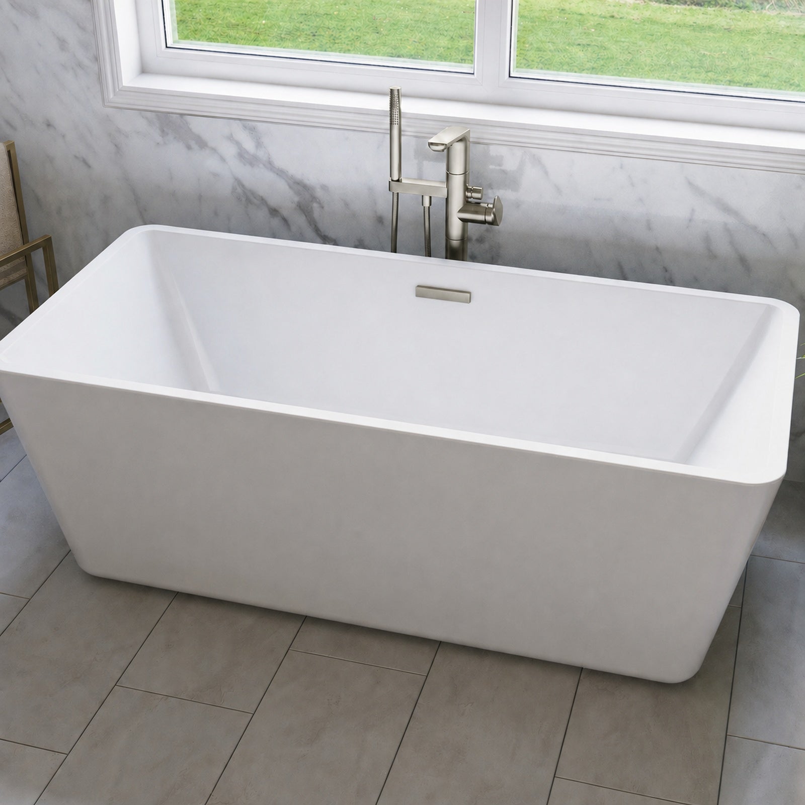 MAIDSTONE Gavyn 63 x 30-Inch Rectangle Freestanding Bathtub Center Drain With Integrated Overflow