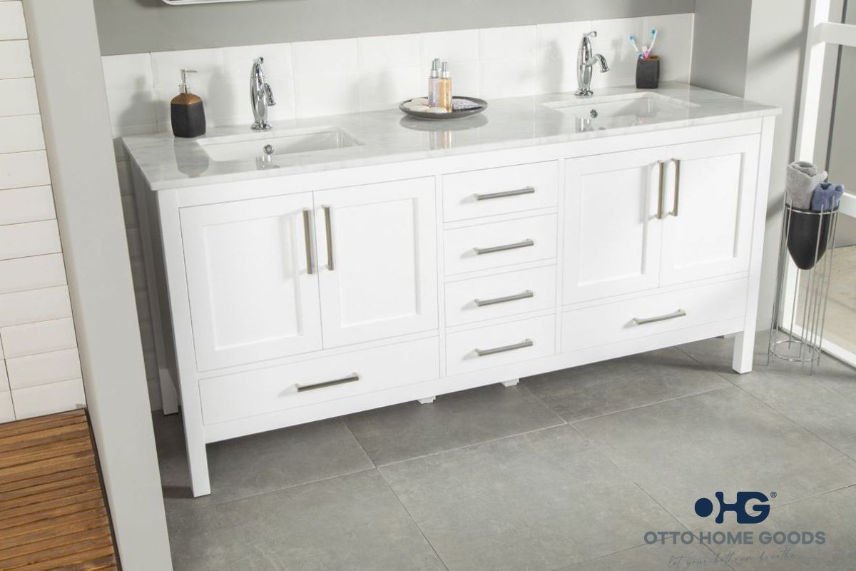 Ashley 72" White Double Sink Bathroom Vanity with Quartz Top & Brushed Nickel Hardware