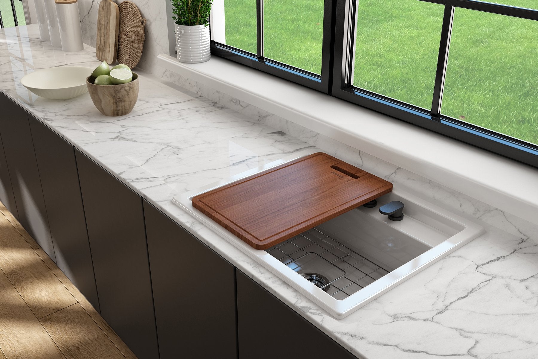 Wooden Cutting Board/Cover for 1633 Baveno w/ Handle - Sapele Mahogany for 1633 sinks (Outer Ledge) 2320 0007