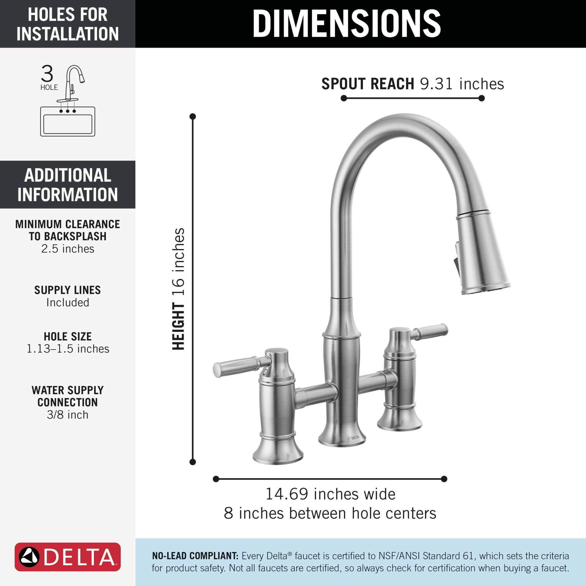 Delta Renaldi™ Two Handle Pull-Down Bridge Kitchen Faucet