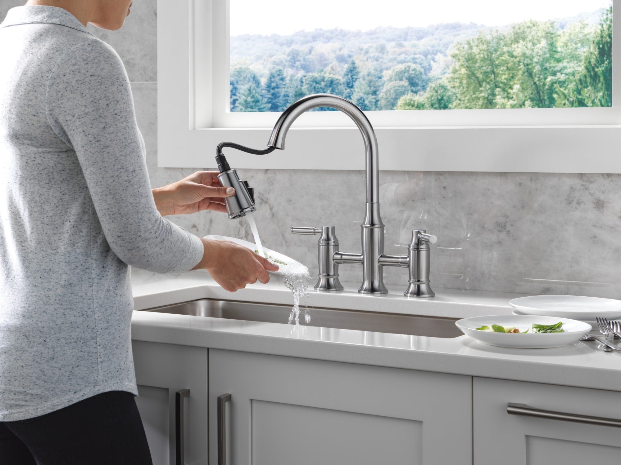 Delta Renaldi™ Two Handle Pull-Down Bridge Kitchen Faucet