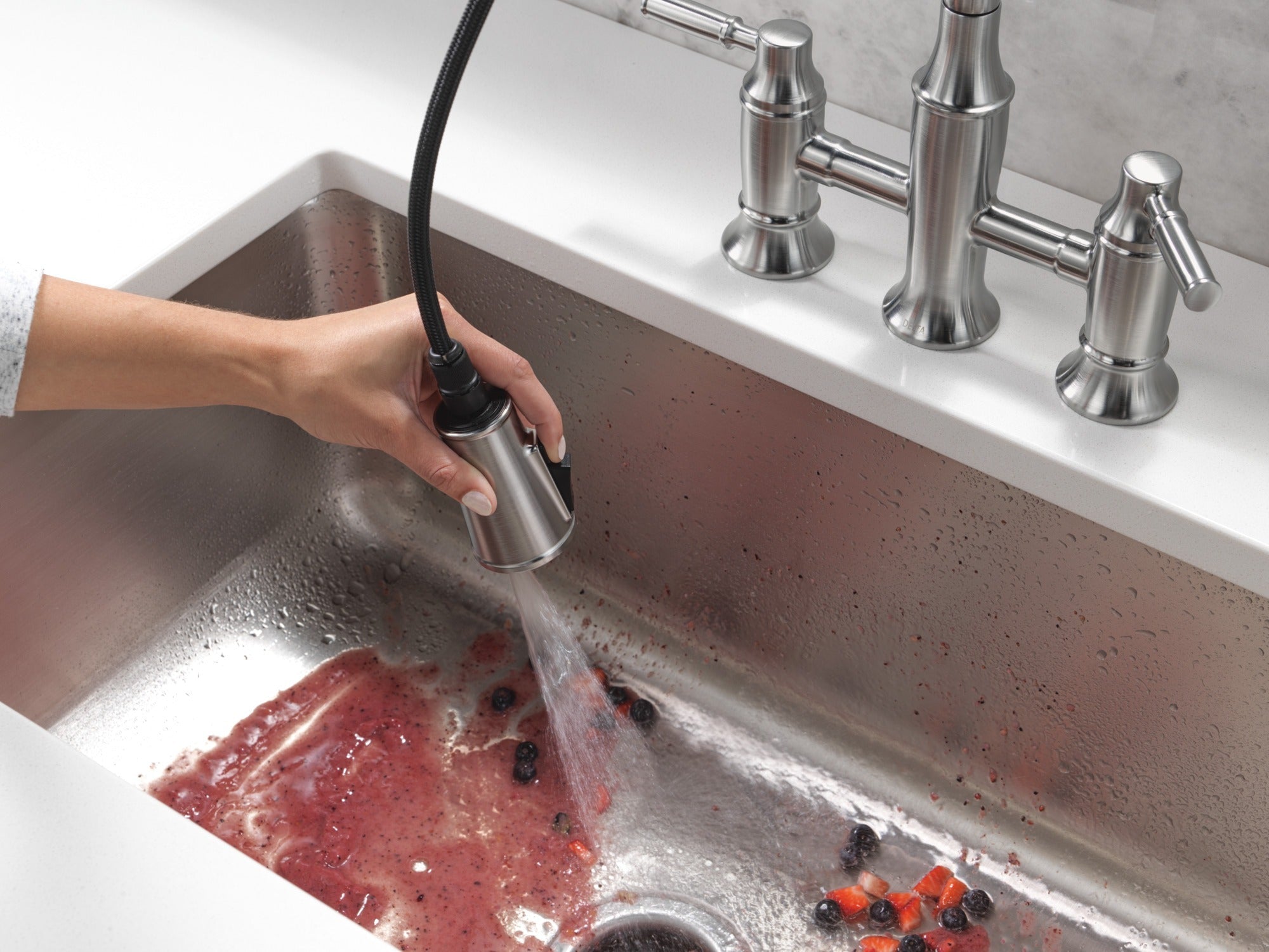 Delta Renaldi™ Two Handle Pull-Down Bridge Kitchen Faucet