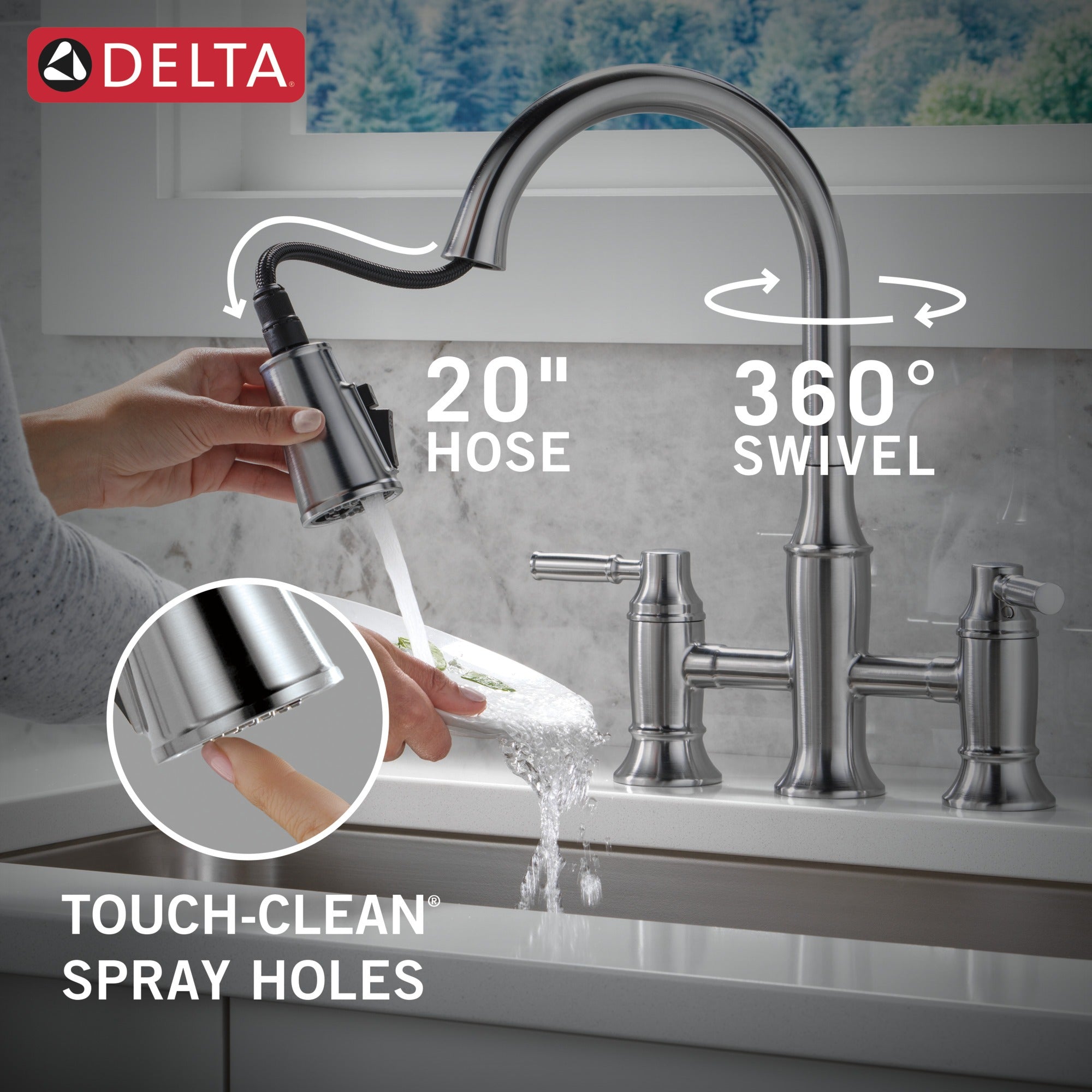 Delta Renaldi™ Two Handle Pull-Down Bridge Kitchen Faucet