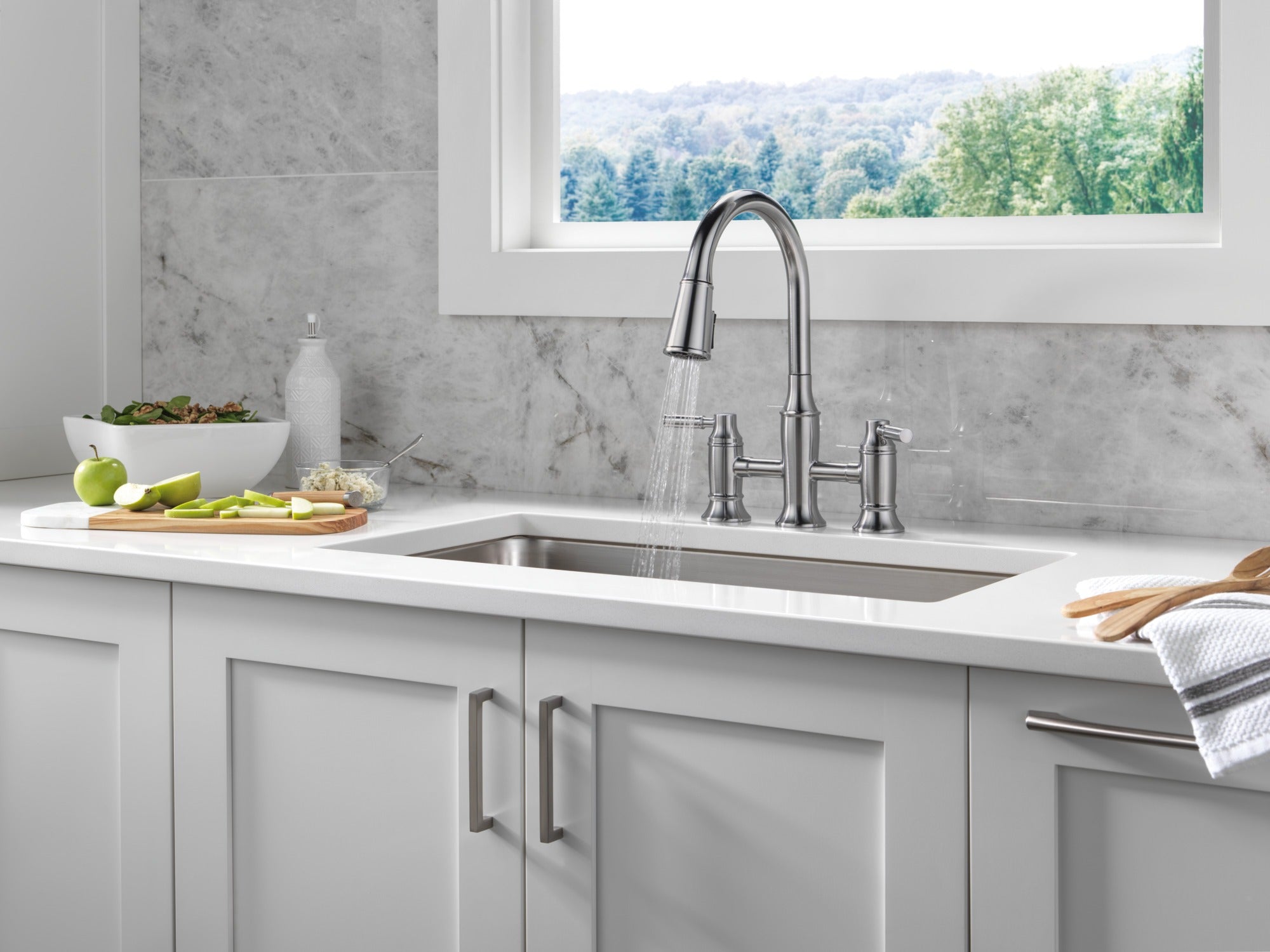 Delta Renaldi™ Two Handle Pull-Down Bridge Kitchen Faucet