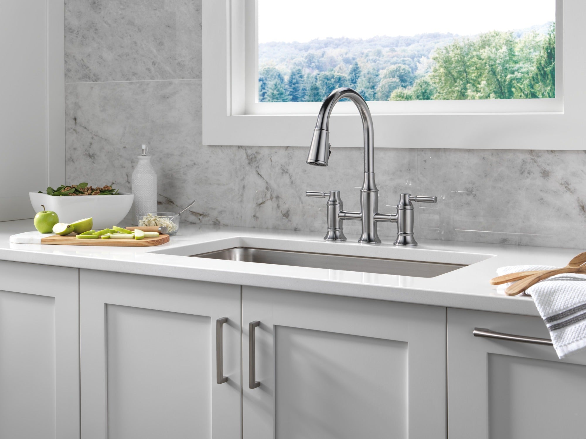 Delta Renaldi™ Two Handle Pull-Down Bridge Kitchen Faucet