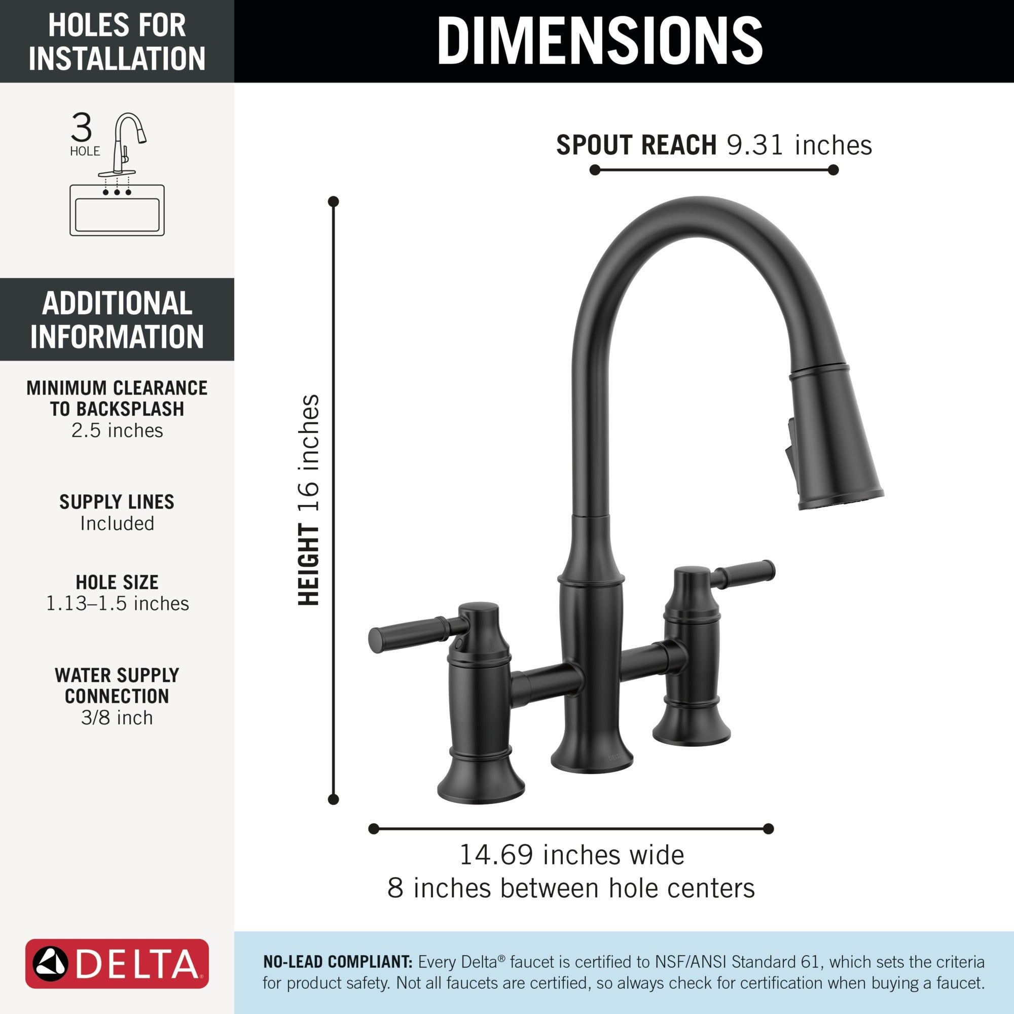 Delta Renaldi™ Two Handle Pull-Down Bridge Kitchen Faucet