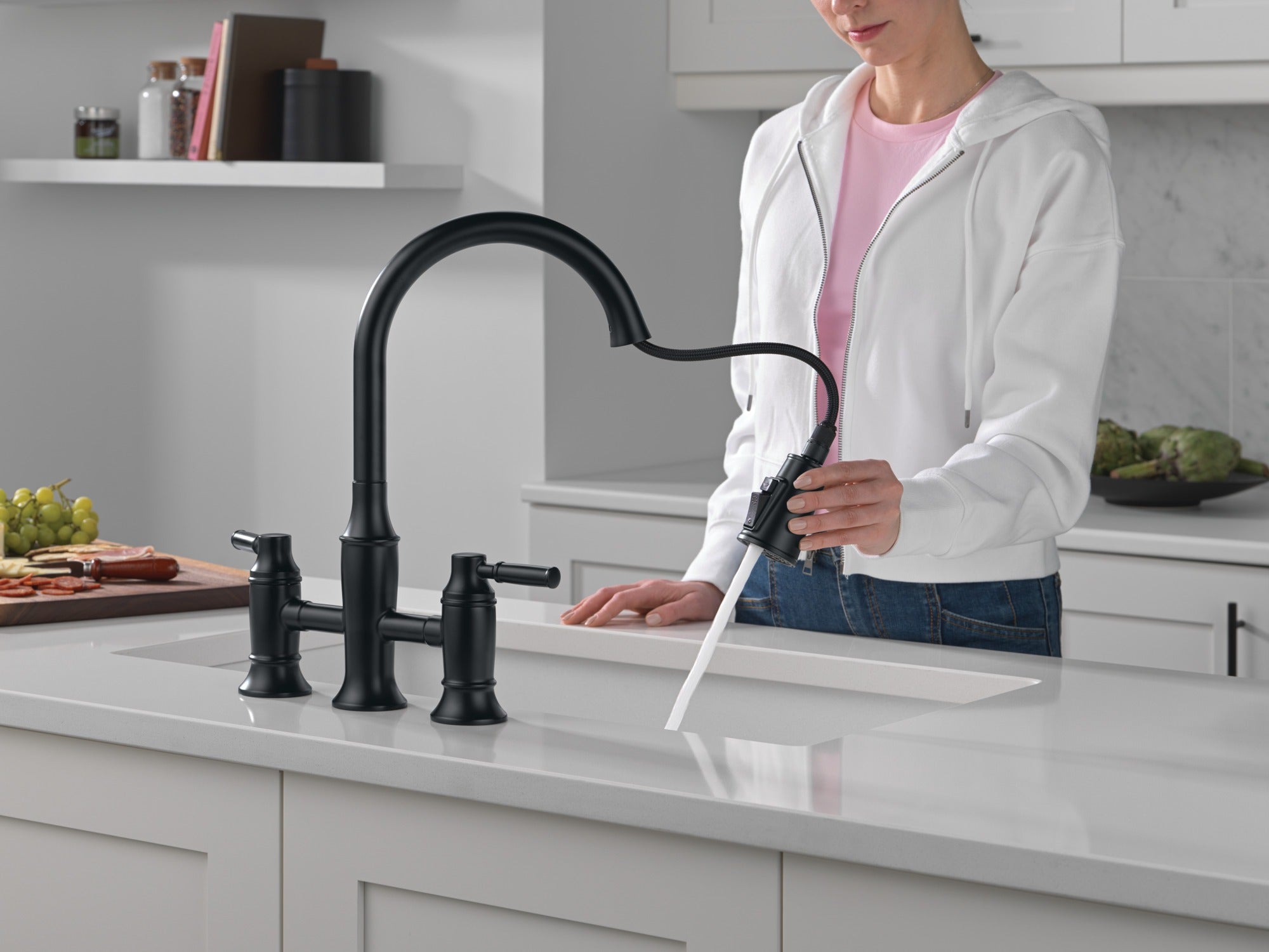 Delta Renaldi™ Two Handle Pull-Down Bridge Kitchen Faucet