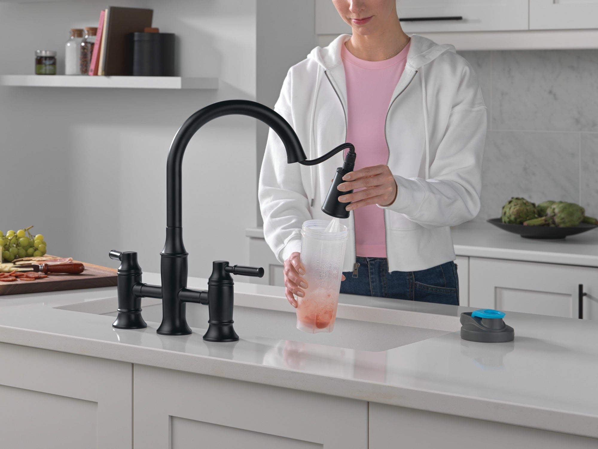 Delta Renaldi™ Two Handle Pull-Down Bridge Kitchen Faucet
