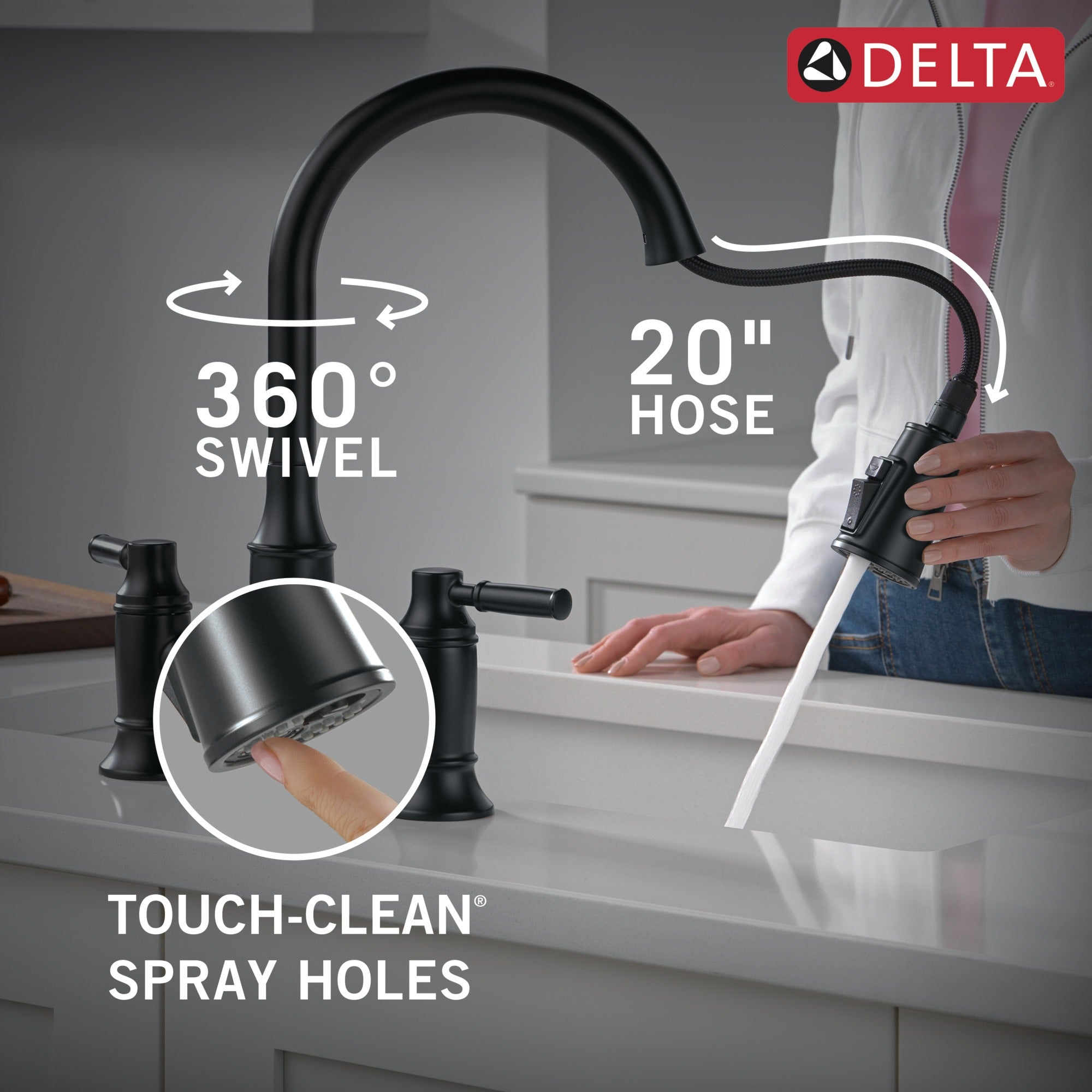 Delta Renaldi™ Two Handle Pull-Down Bridge Kitchen Faucet