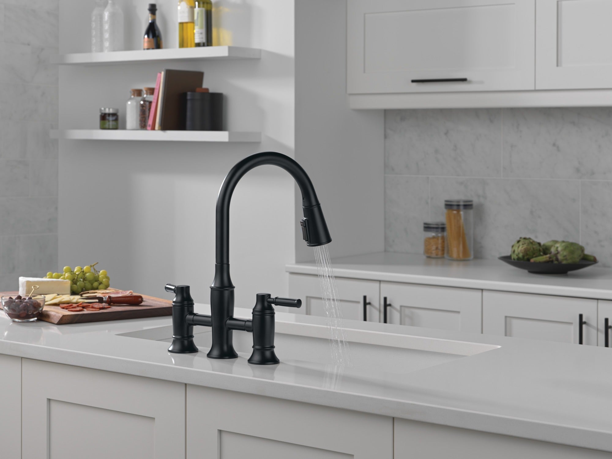 Delta Renaldi™ Two Handle Pull-Down Bridge Kitchen Faucet