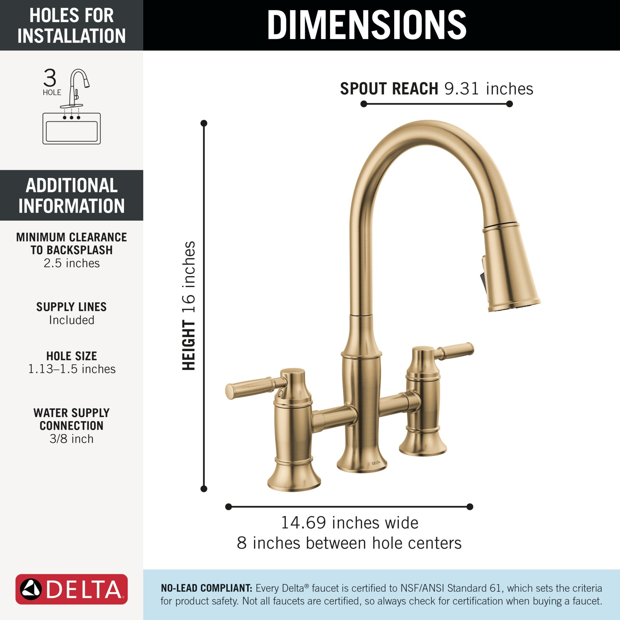 Delta Renaldi™ Two Handle Pull-Down Bridge Kitchen Faucet