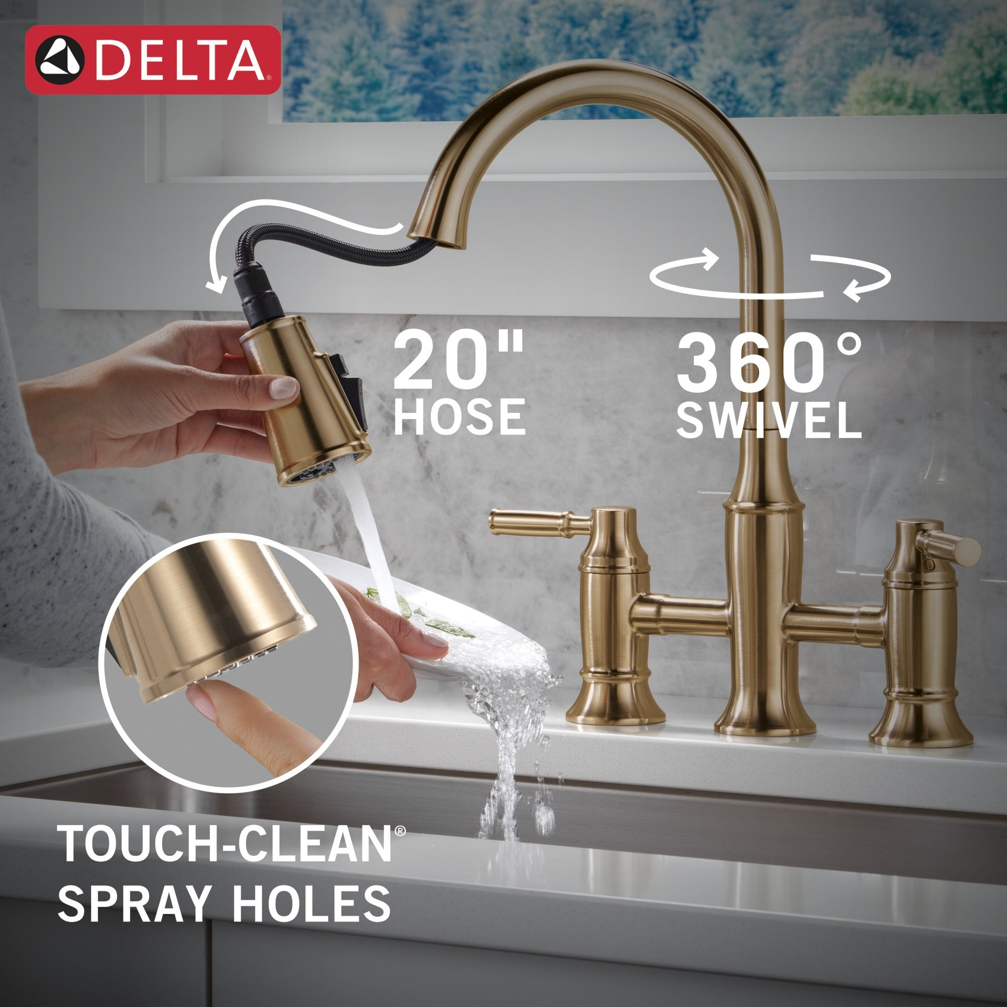 Delta Renaldi™ Two Handle Pull-Down Bridge Kitchen Faucet