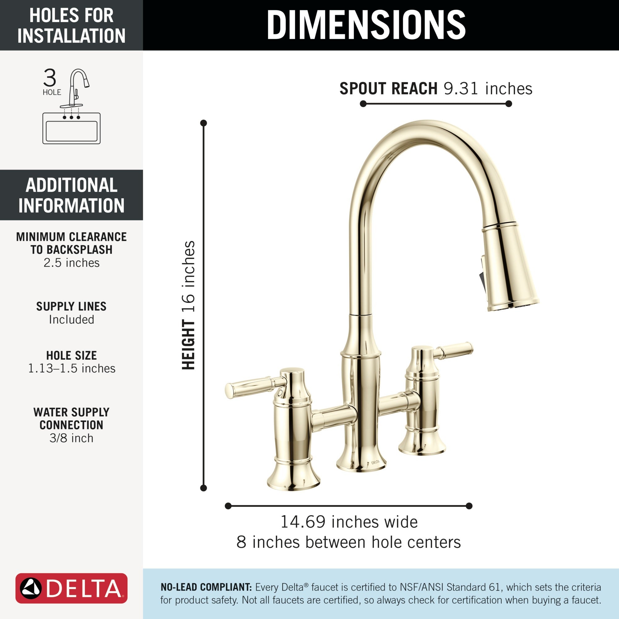 Delta Renaldi™ Two Handle Pull-Down Bridge Kitchen Faucet