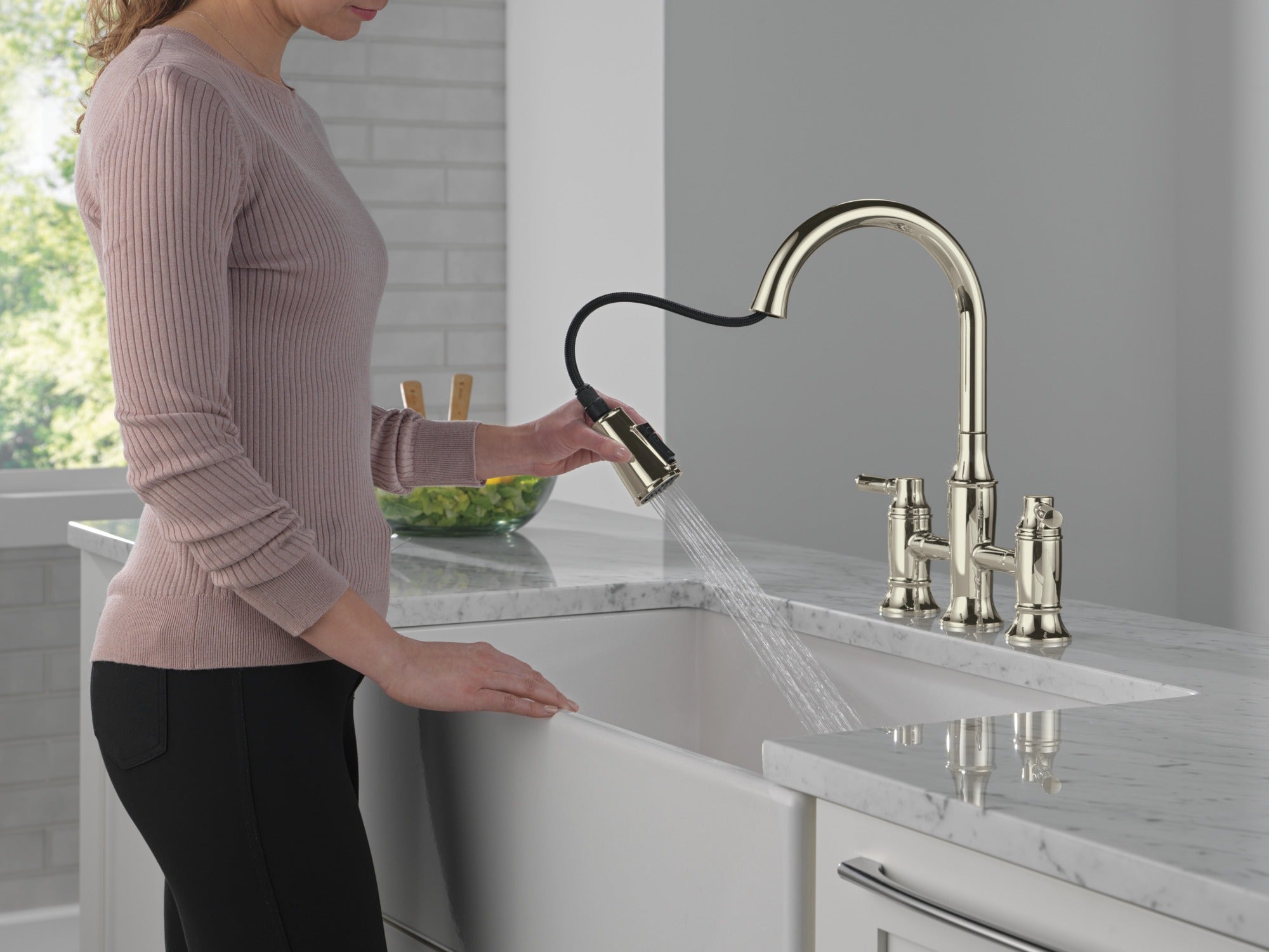 Delta Renaldi™ Two Handle Pull-Down Bridge Kitchen Faucet