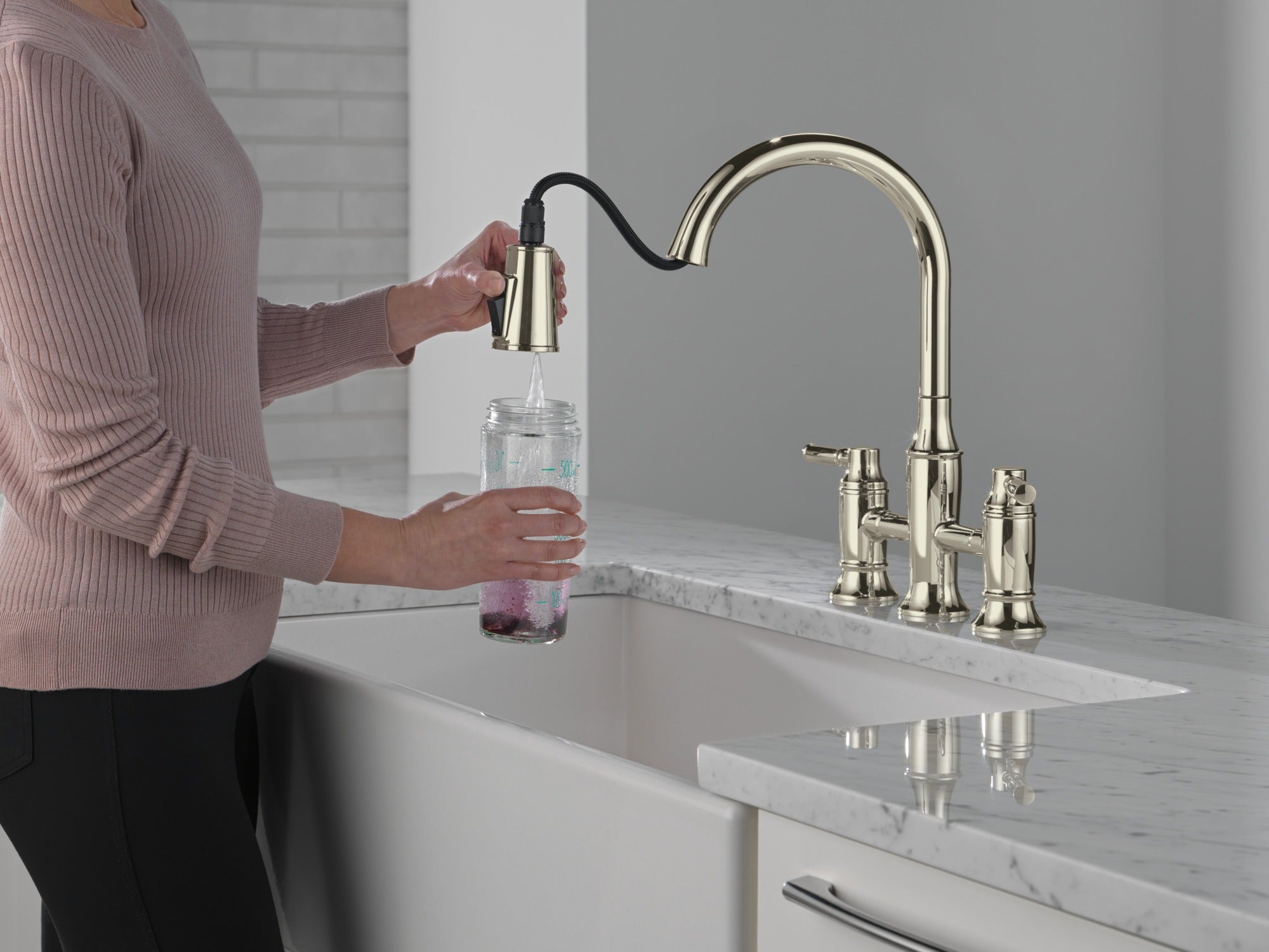 Delta Renaldi™ Two Handle Pull-Down Bridge Kitchen Faucet