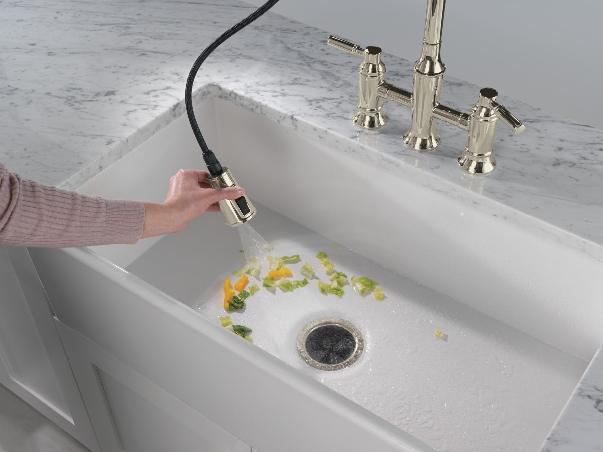 Delta Renaldi™ Two Handle Pull-Down Bridge Kitchen Faucet