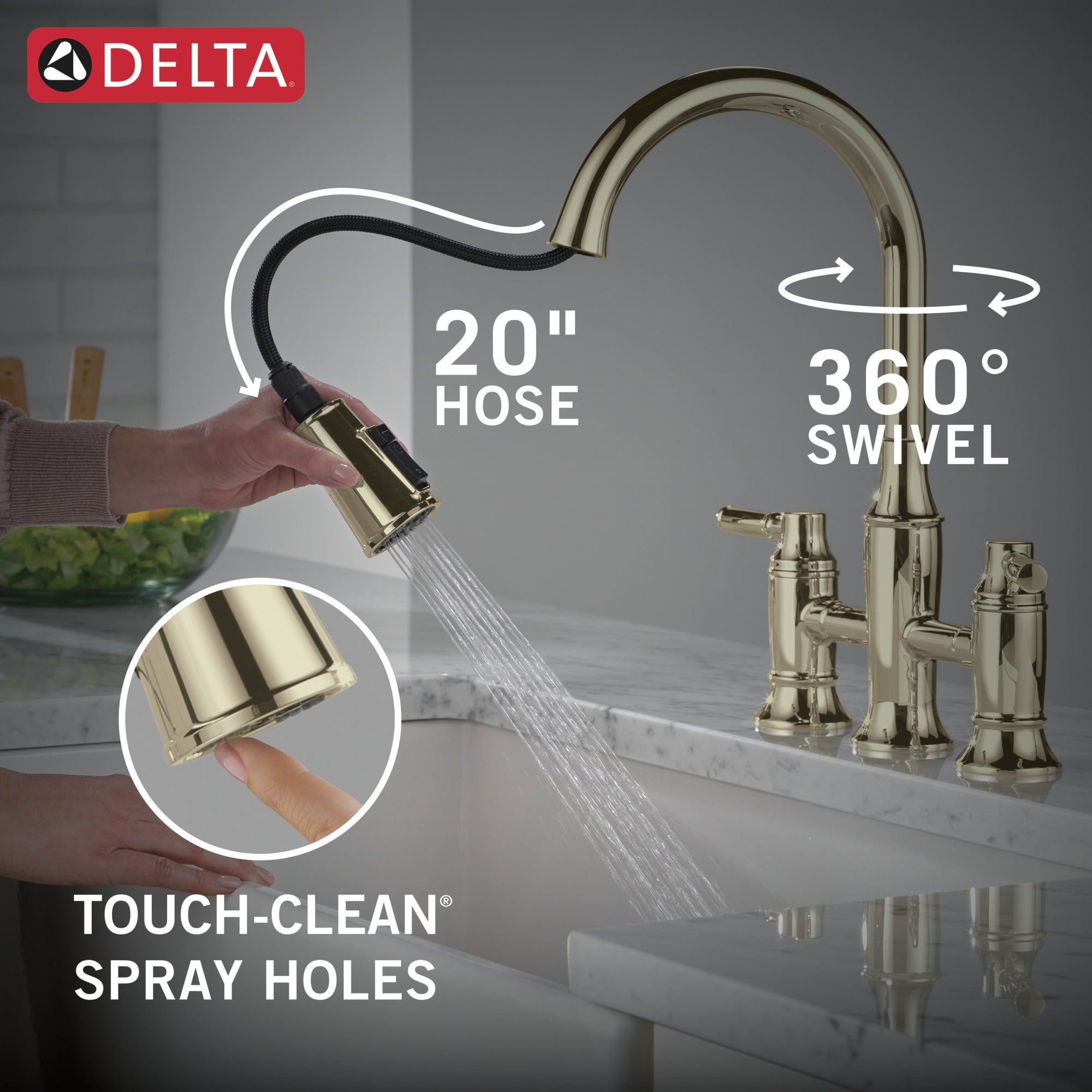 Delta Renaldi™ Two Handle Pull-Down Bridge Kitchen Faucet