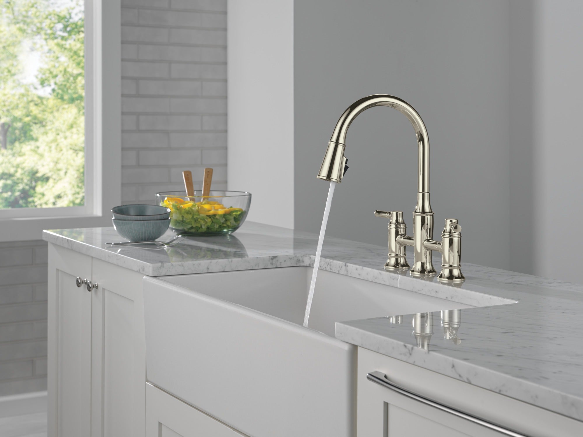 Delta Renaldi™ Two Handle Pull-Down Bridge Kitchen Faucet