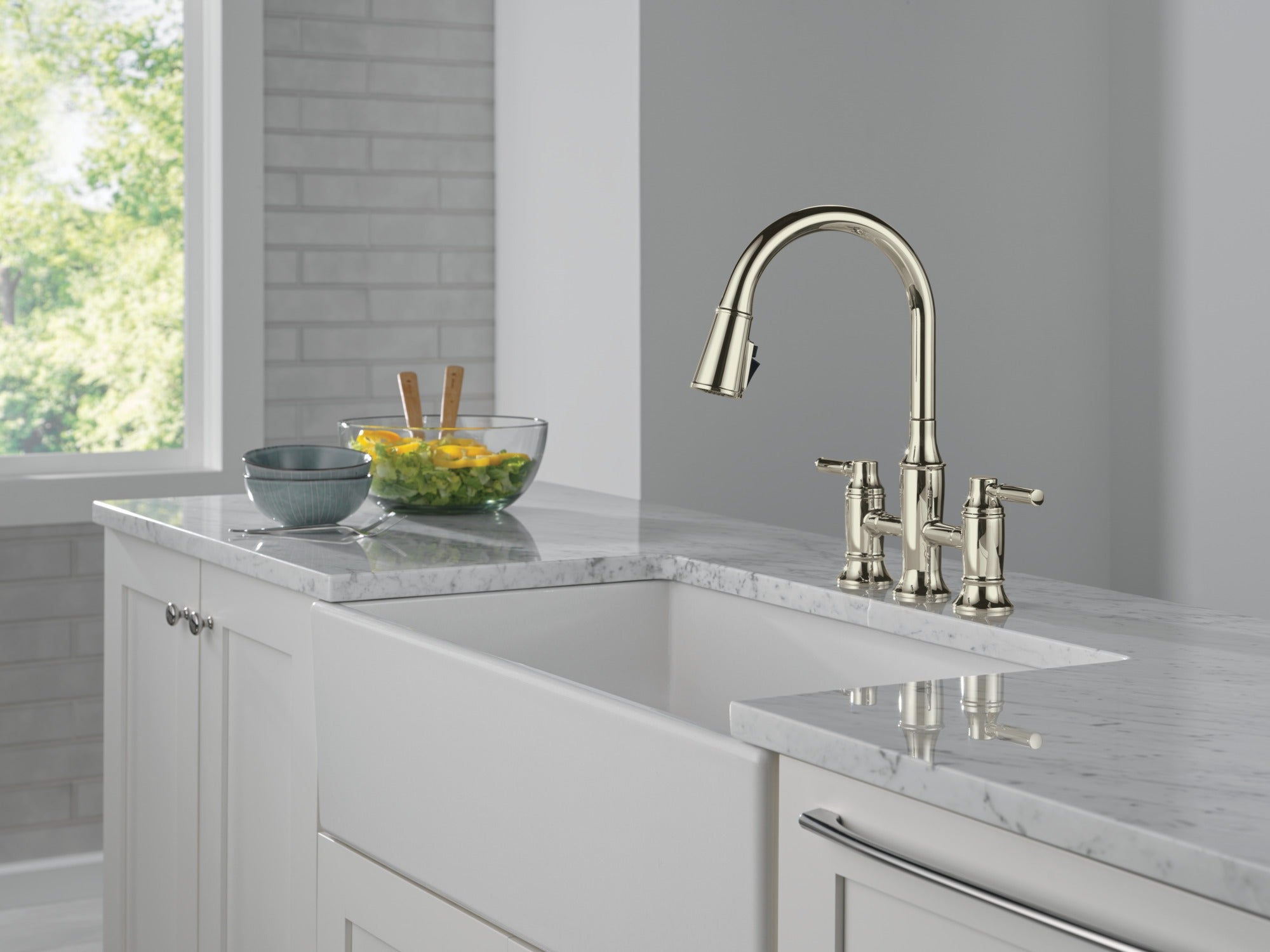 Delta Renaldi™ Two Handle Pull-Down Bridge Kitchen Faucet