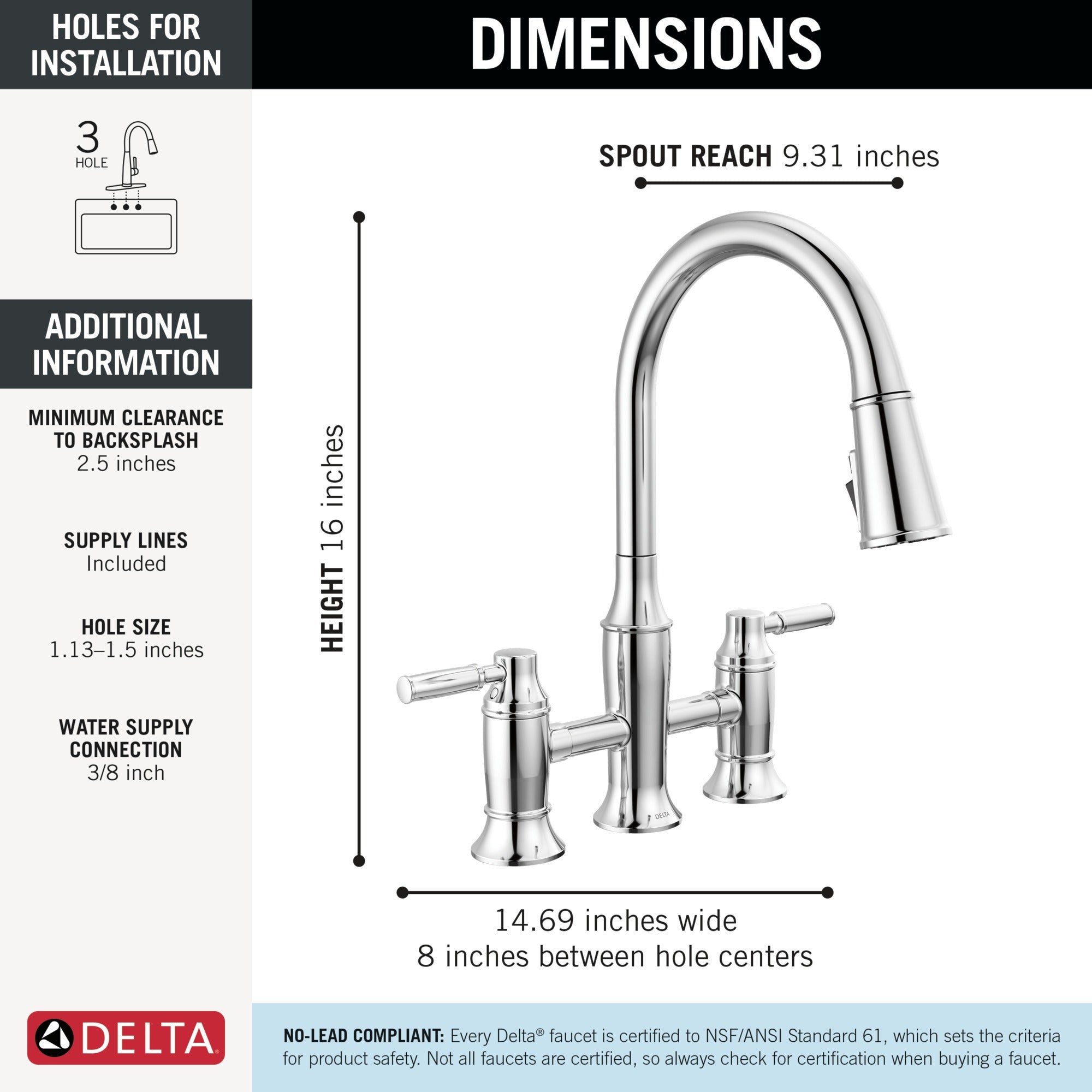 Delta Renaldi™ Two Handle Pull-Down Bridge Kitchen Faucet
