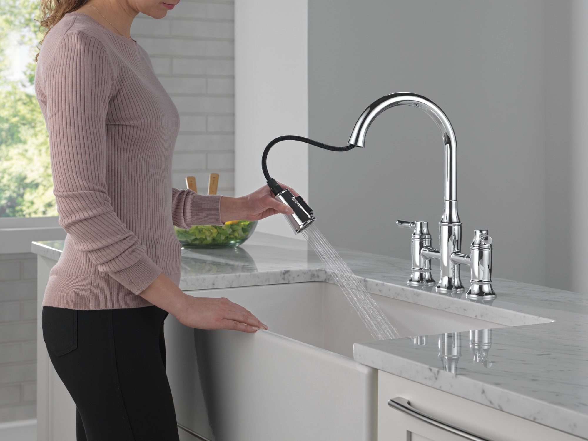 Delta Renaldi™ Two Handle Pull-Down Bridge Kitchen Faucet