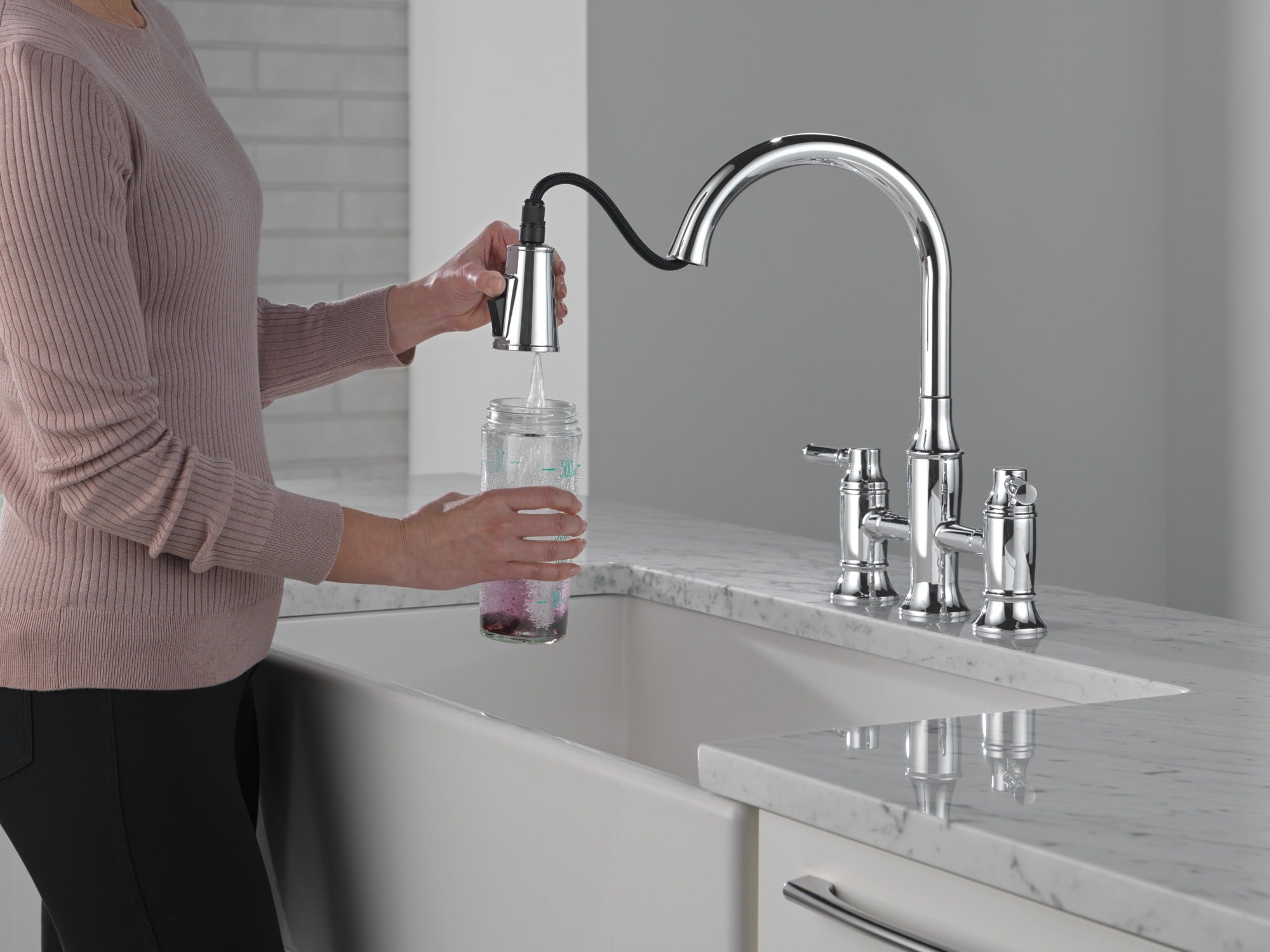 Delta Renaldi™ Two Handle Pull-Down Bridge Kitchen Faucet