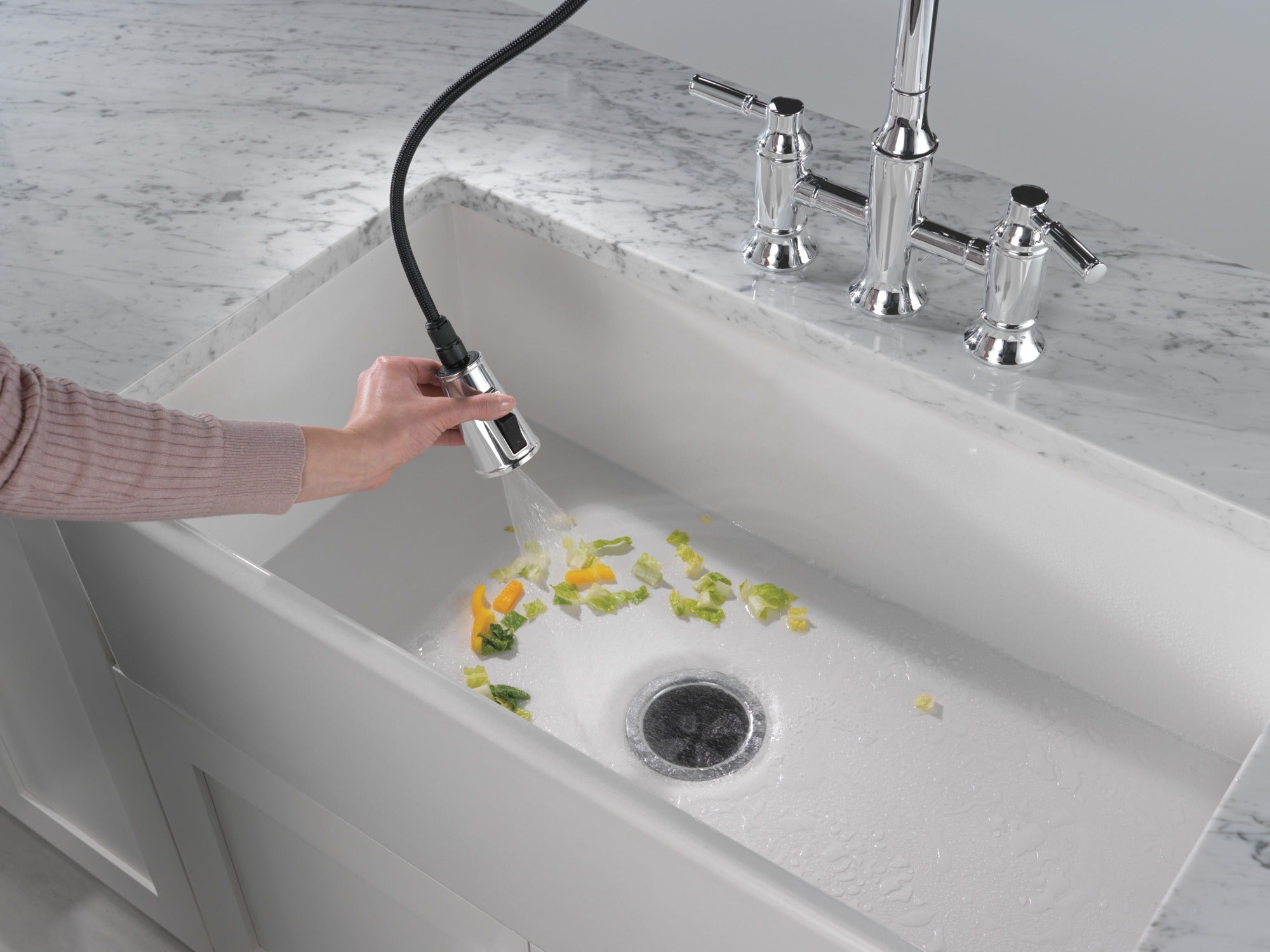 Delta Renaldi™ Two Handle Pull-Down Bridge Kitchen Faucet