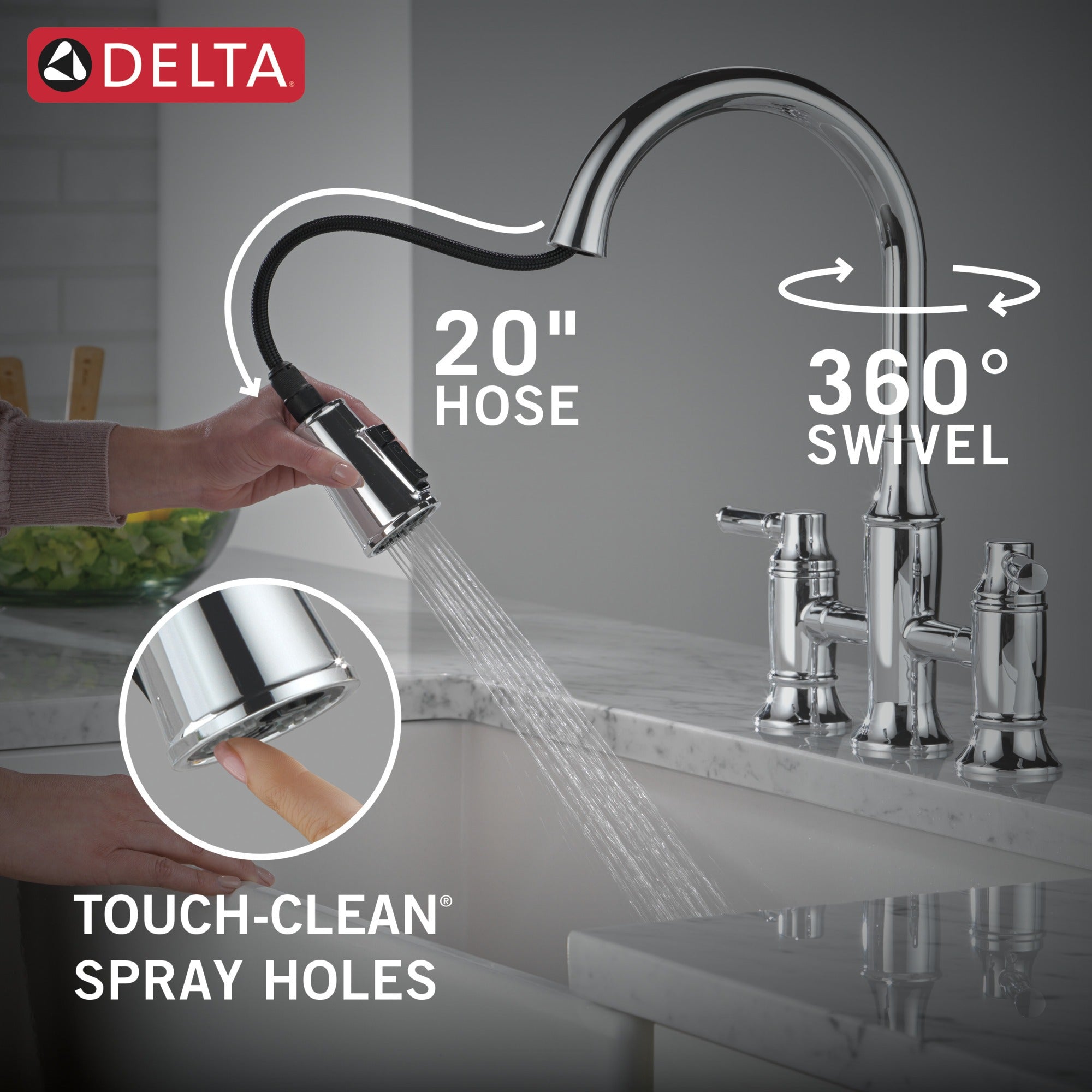Delta Renaldi™ Two Handle Pull-Down Bridge Kitchen Faucet