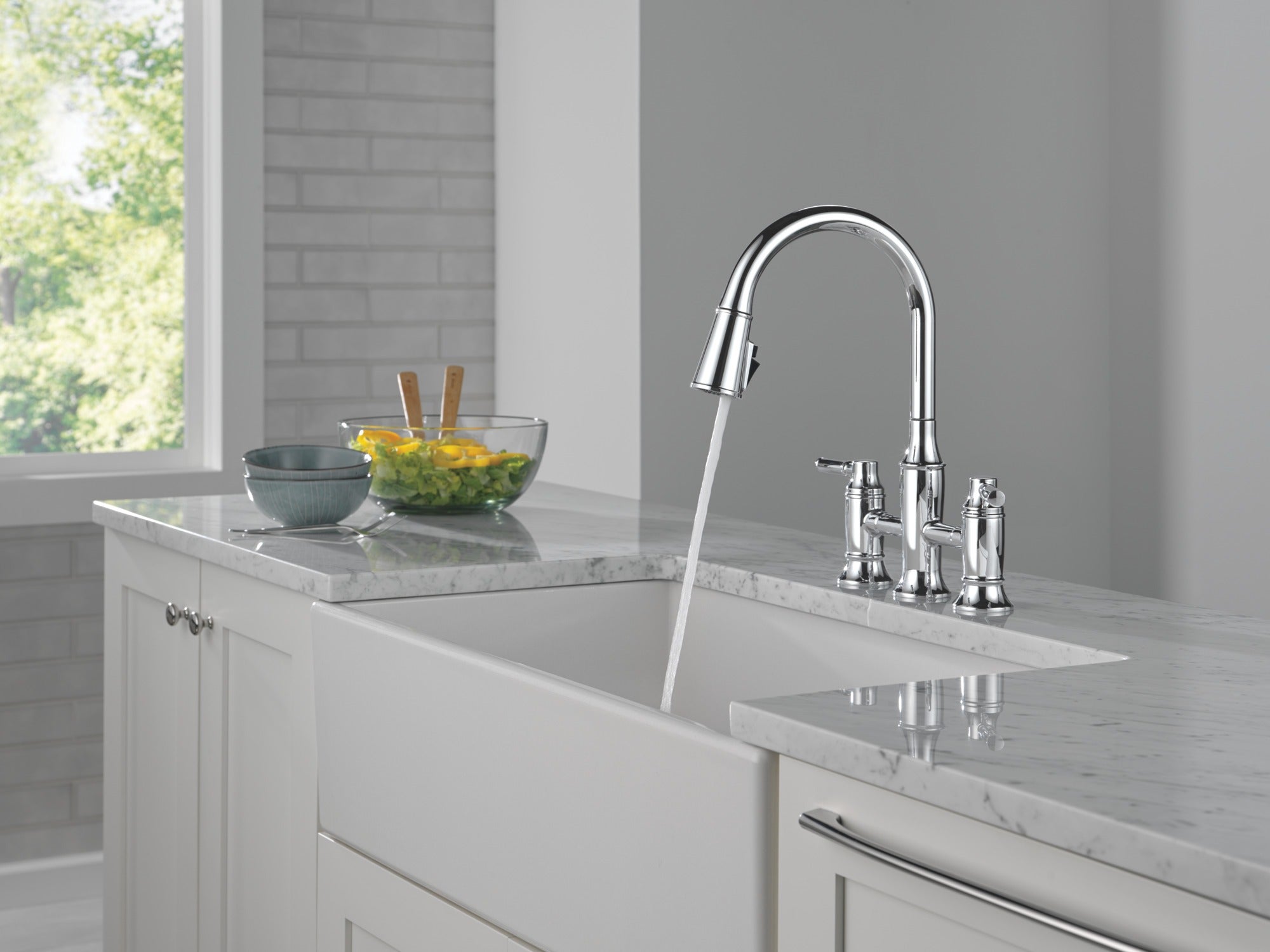 Delta Renaldi™ Two Handle Pull-Down Bridge Kitchen Faucet