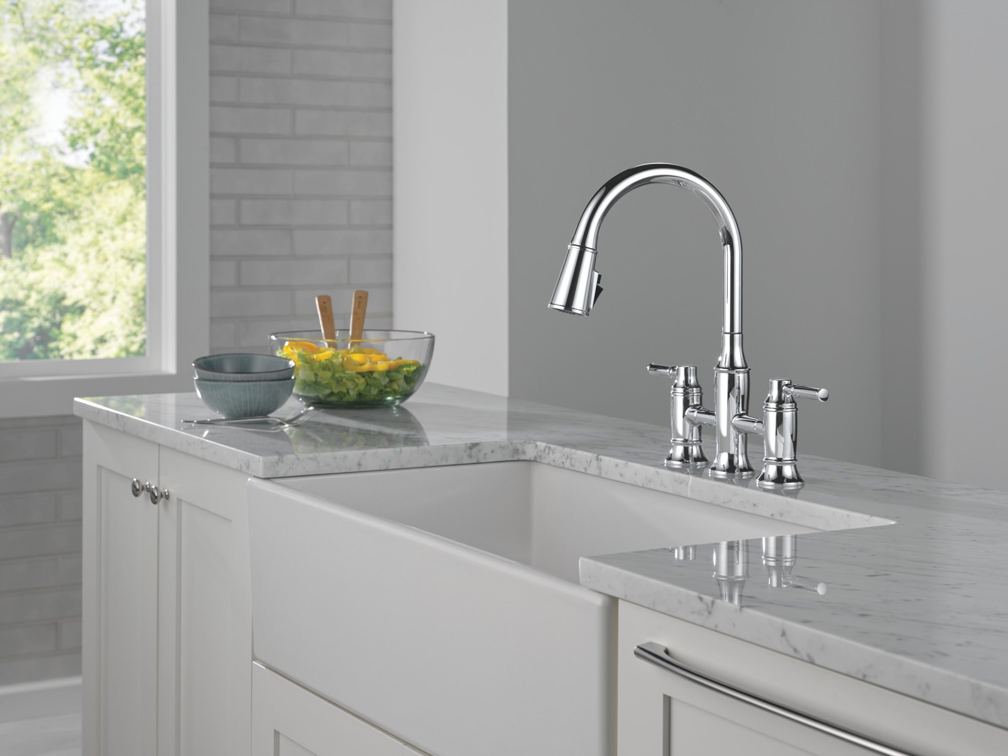 Delta Renaldi™ Two Handle Pull-Down Bridge Kitchen Faucet