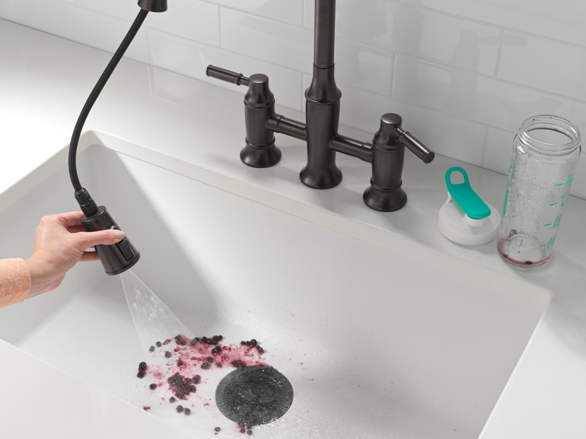 Delta Renaldi™ Two Handle Pull-Down Bridge Kitchen Faucet