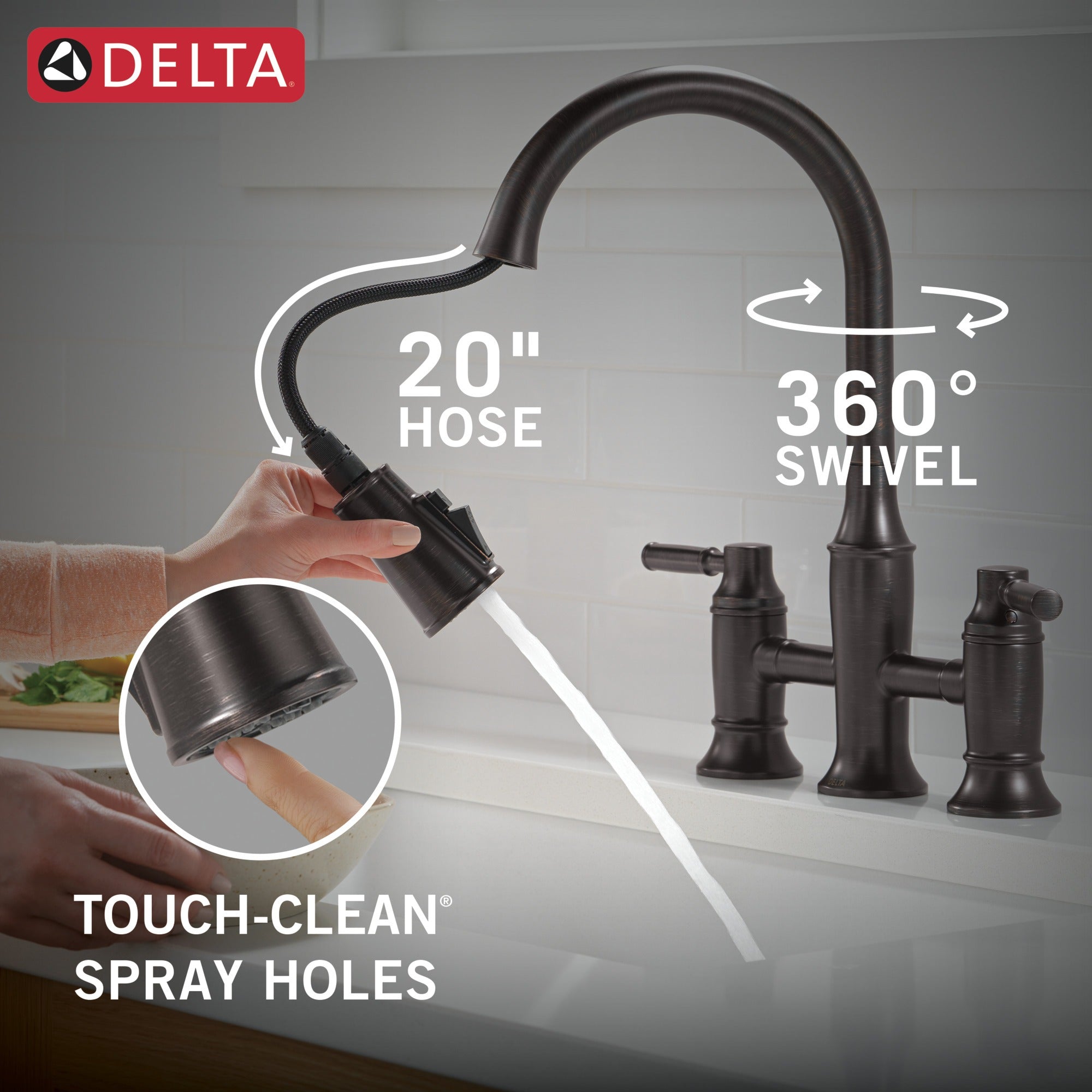 Delta Renaldi™ Two Handle Pull-Down Bridge Kitchen Faucet