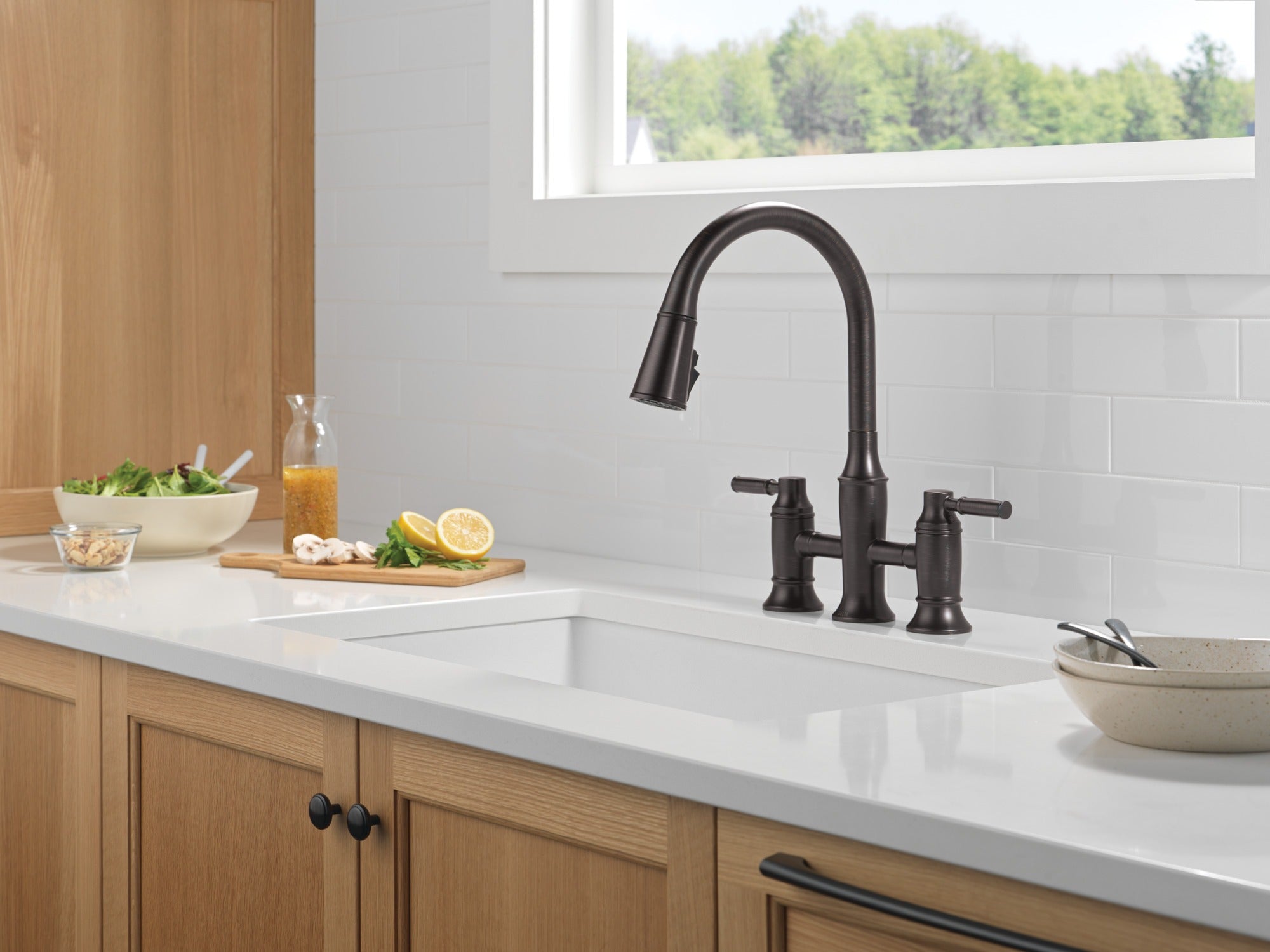 Delta Renaldi™ Two Handle Pull-Down Bridge Kitchen Faucet