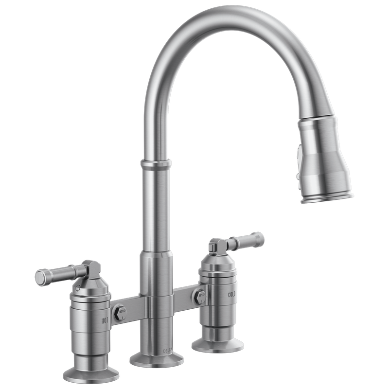 Delta Broderick® Two Handle Pull-Down Bridge Kitchen Faucet