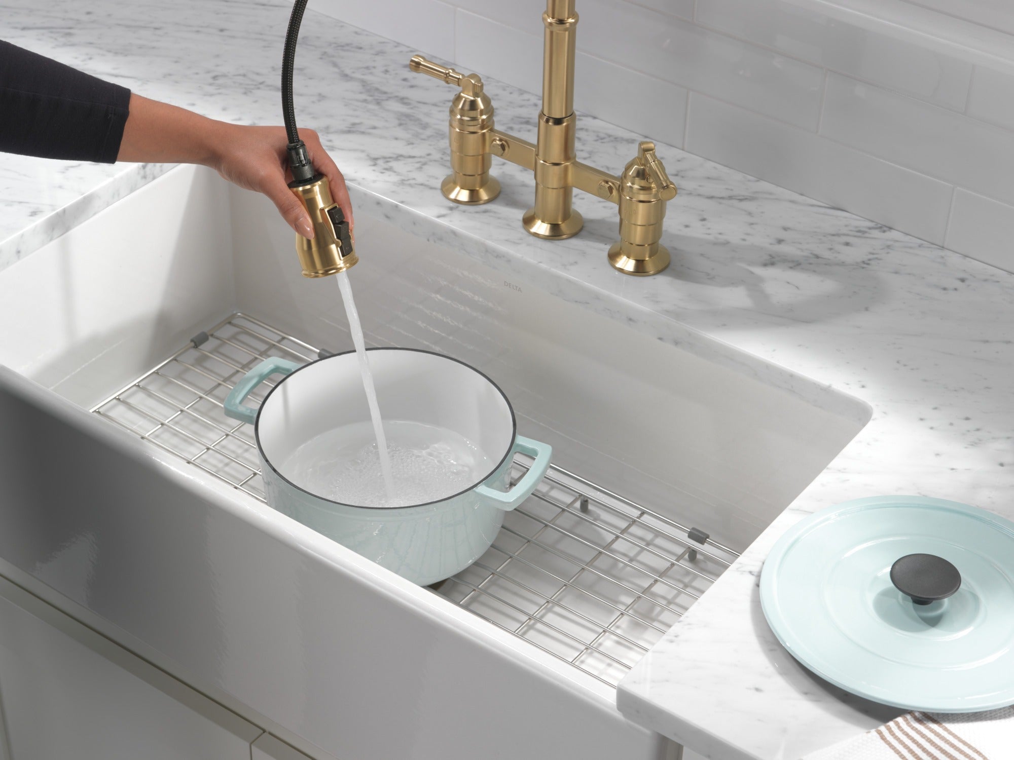 Delta Broderick® Two Handle Pull-Down Bridge Kitchen Faucet