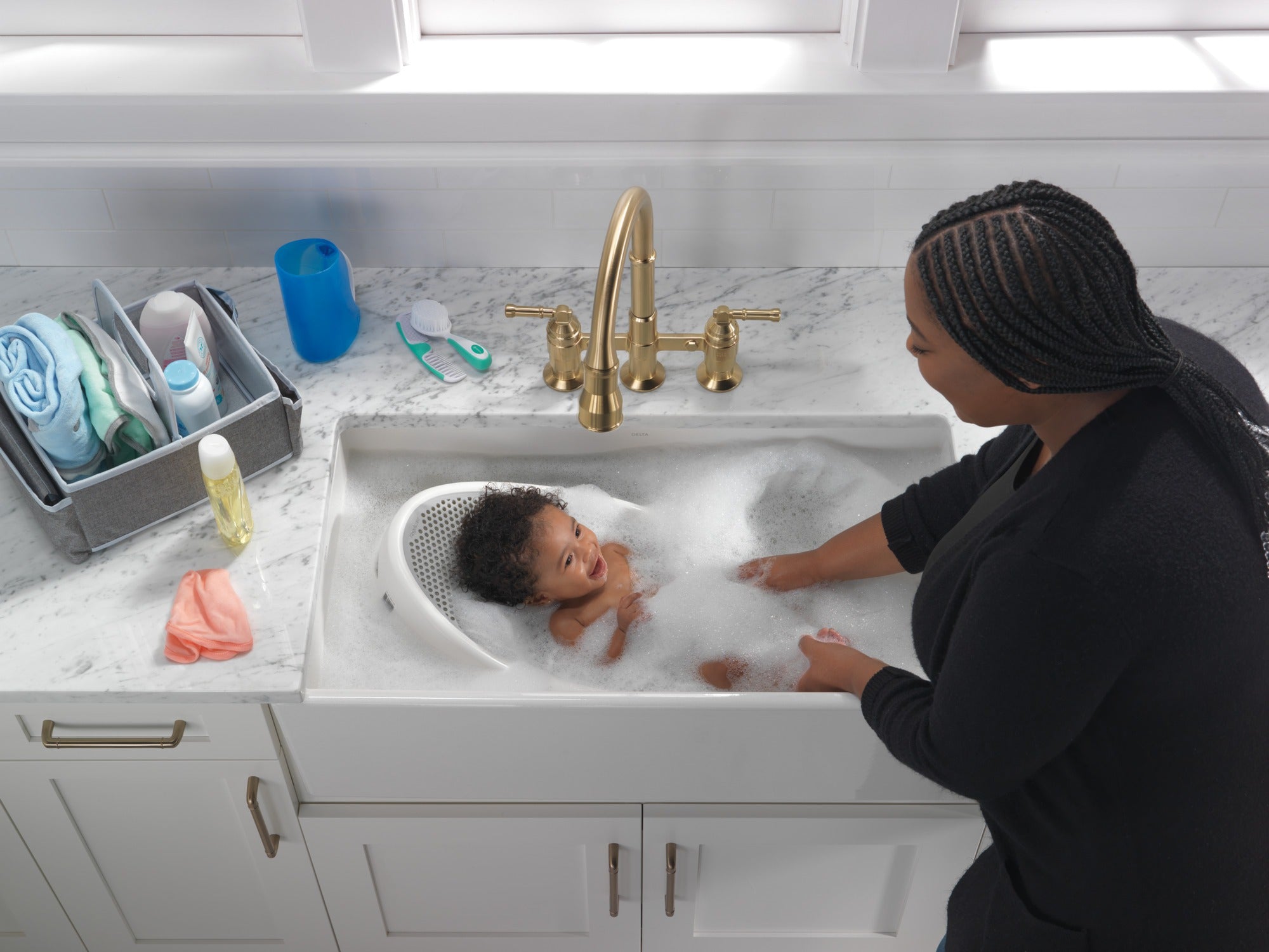 Delta Broderick® Two Handle Pull-Down Bridge Kitchen Faucet