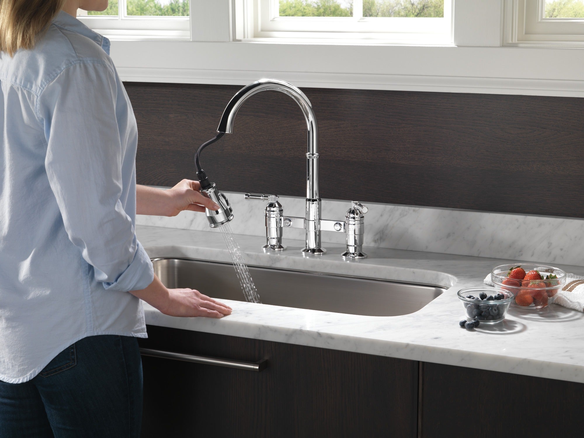 Delta Broderick® Two Handle Pull-Down Bridge Kitchen Faucet
